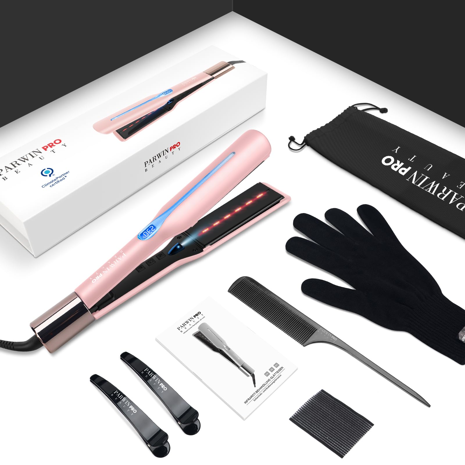 Plancha pelo infrarroja iónica 45 mm PARWIN PRO BEAUTY, placas anchas para cabello grueso, rizado, encrespado y largo, 14 temperaturas, color morado | PARWIN PRO BEAUTY - Plancha profesional para pelo grueso, rizado, rizado y largo, terapia infrarroja e i