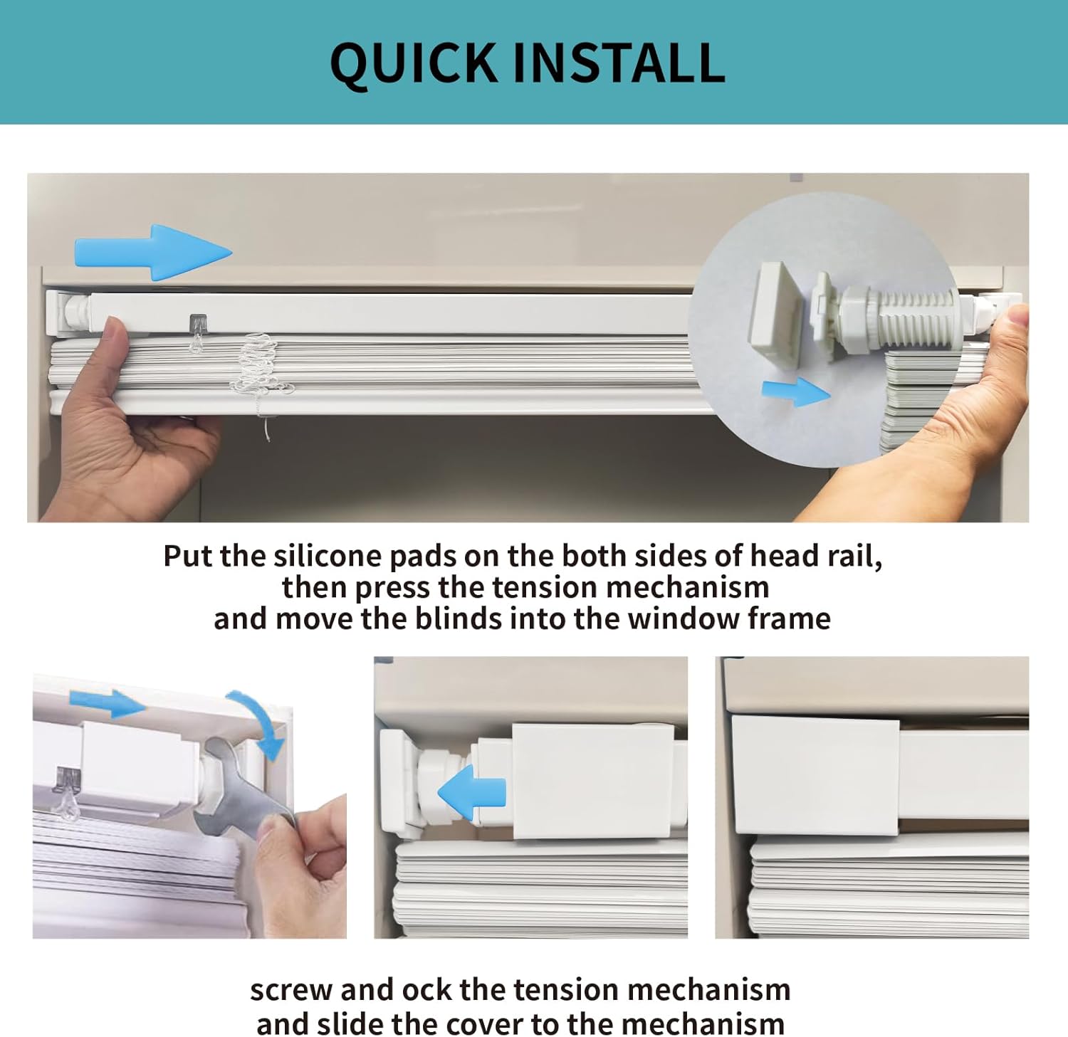 MYshade No-Drill Cordless Horizontal Mini Blinds – 44.5" W x 64" H Tool-Free Inside Mount Window Blinds with 1" Vinyl Slats, Light Filtering & Privacy, Child & Pet Safe, White