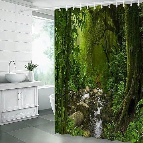 Miniatura 2 de Cortina de ducha de selva tropical, verde selva, bosque, arroyo, plantas exóticas, naturaleza primitiva, naturaleza, paisaje botánico, decoración de