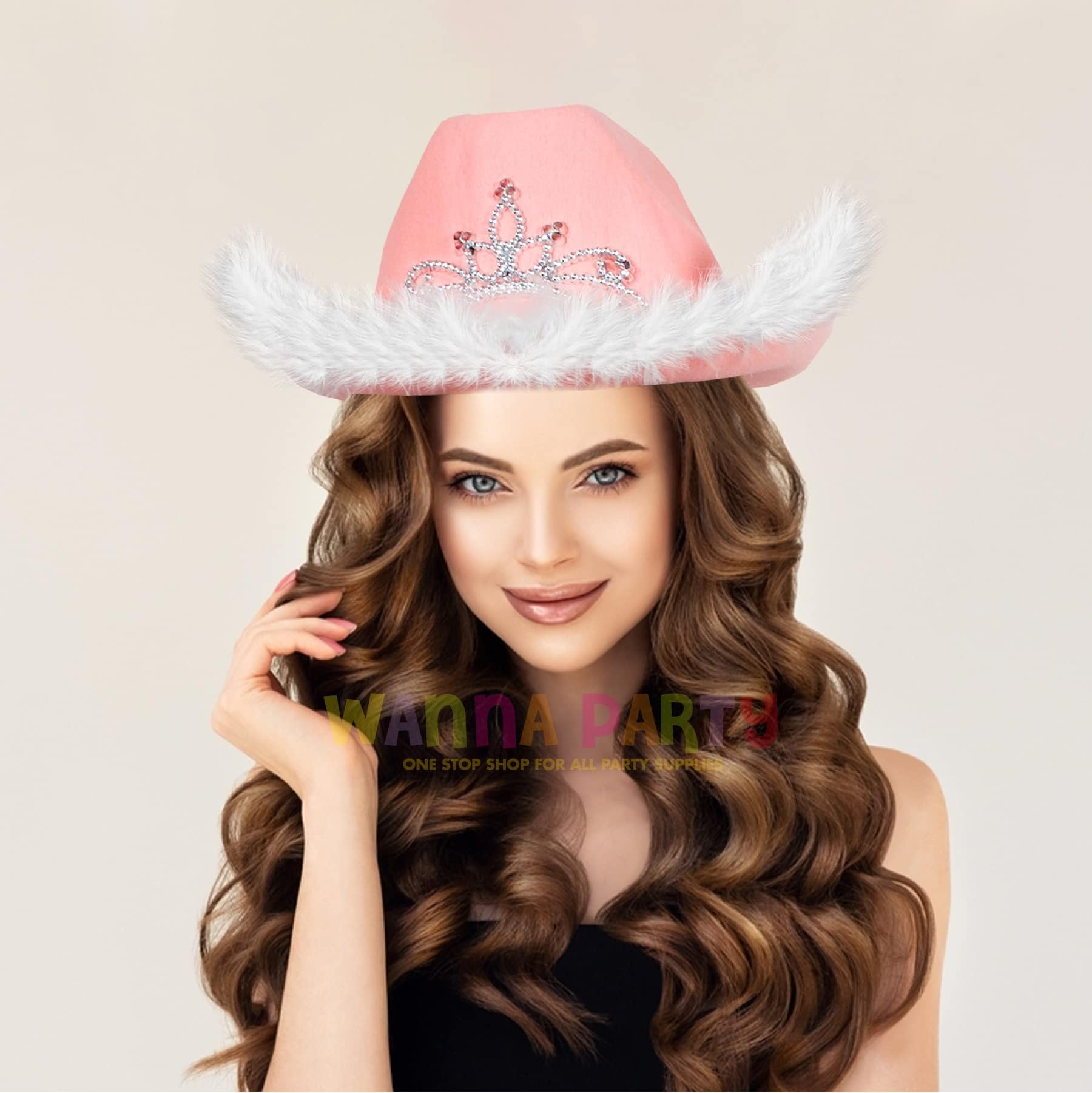 Wanna Party Cowgirl Princess Hat With Crown Tiara, Women's Summer Party Cowboy Style Sun Hat, Pink With Feathers for Girls - Image 4 thumbnail
