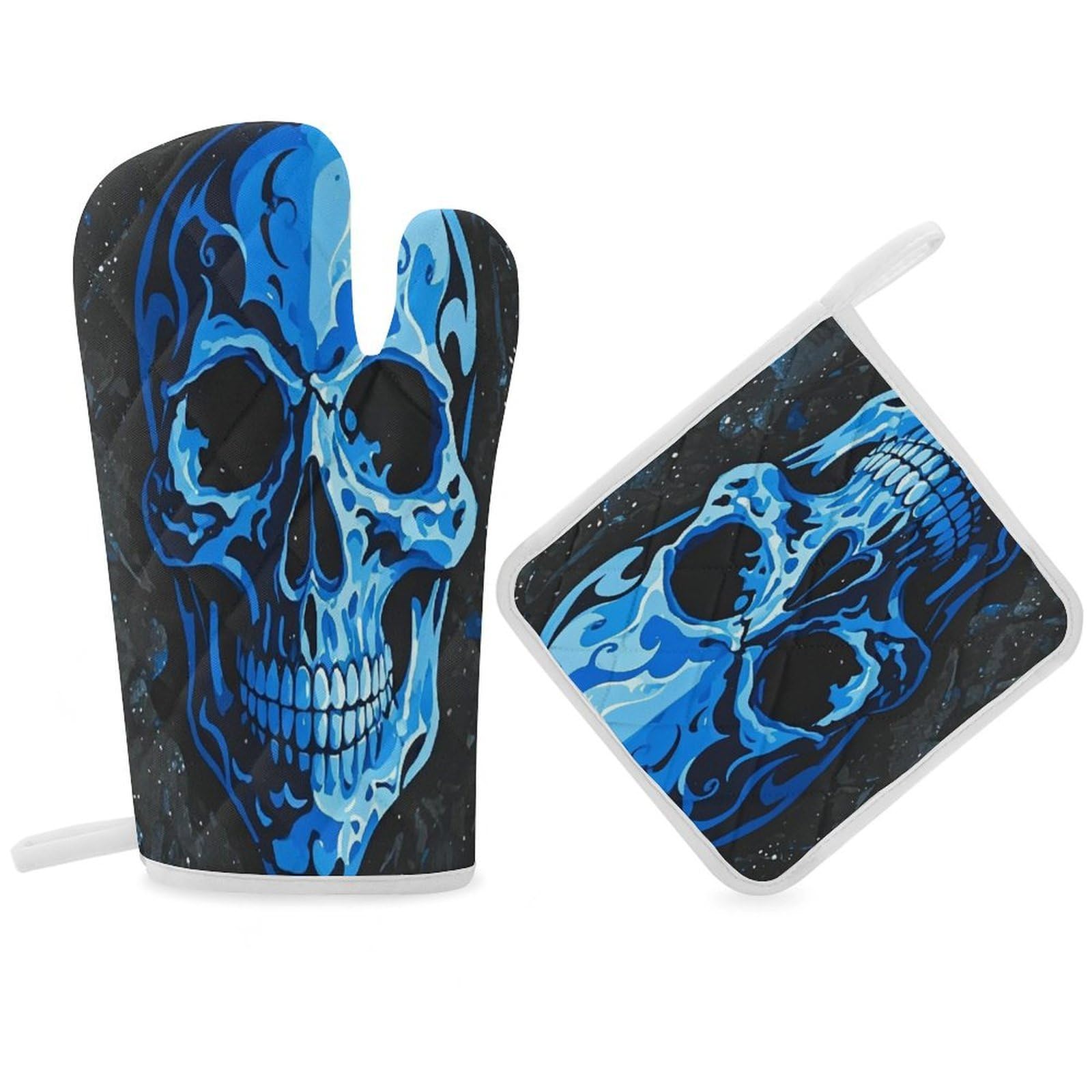 Blue Skeleton Pattern Oven Gloves and Heat Insulation Pads Double Layer Thick Oven Temperature Gloves for Cooking Baking Roasting