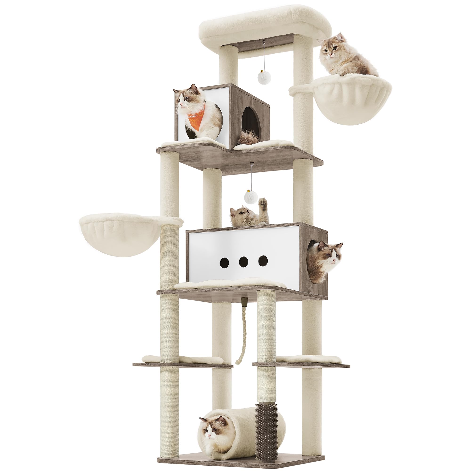 Feandrea Cat Tree, 75.6-Inch Modern Cat Tower, Tall Multi-Level Condo with 2 Caves, 2 Hammocks, 4 Scratching Posts, Self-Groomer, Tunnel, Perch,