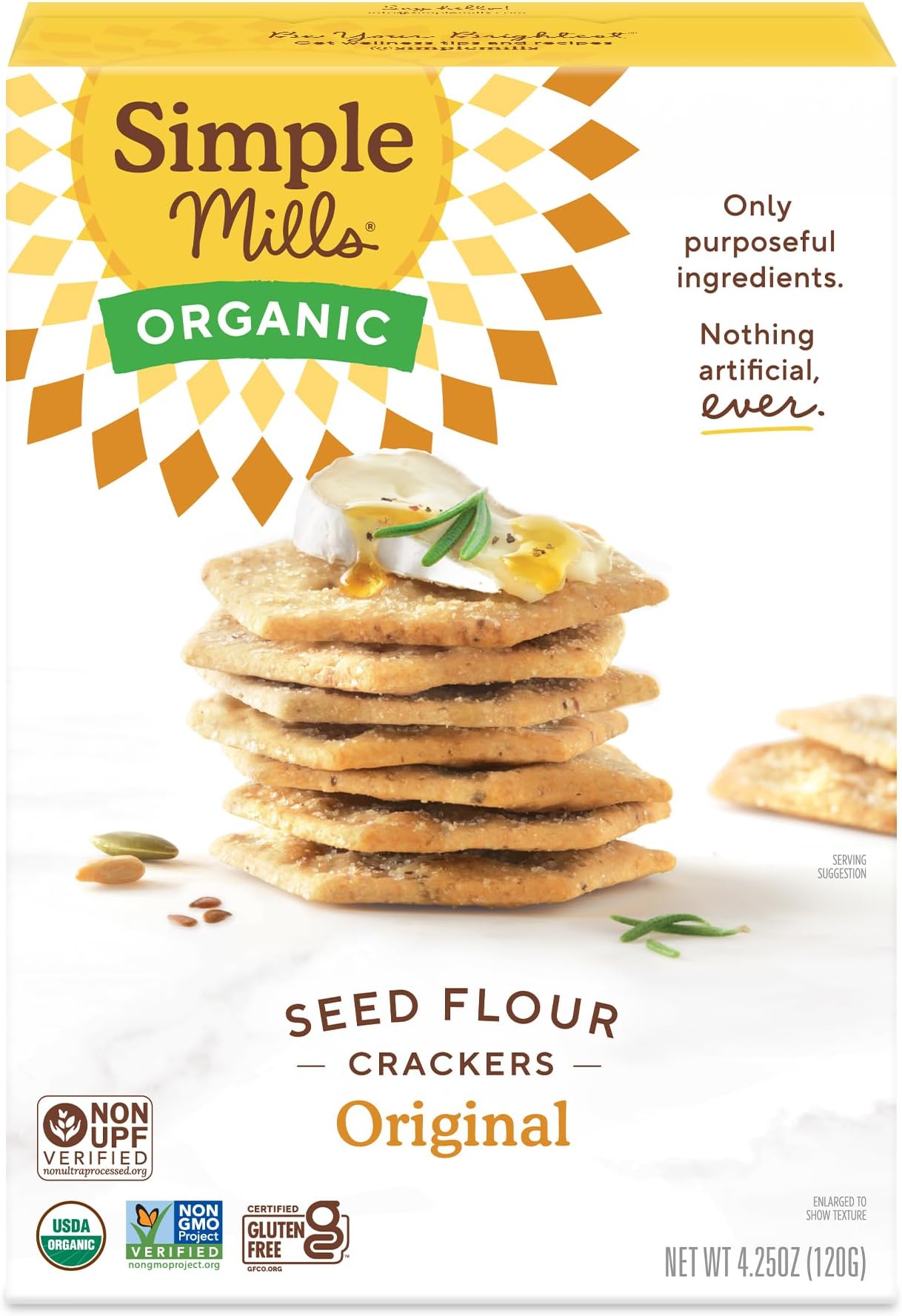 Simple Mills Organic Seed Crackers, Original, Gluten Free, Flax Seed, Sunflower Seeds, Corn Free, Low-Calorie Snacks, Plant Based, Nutrient Dense, 4.25oz, Pack of 1