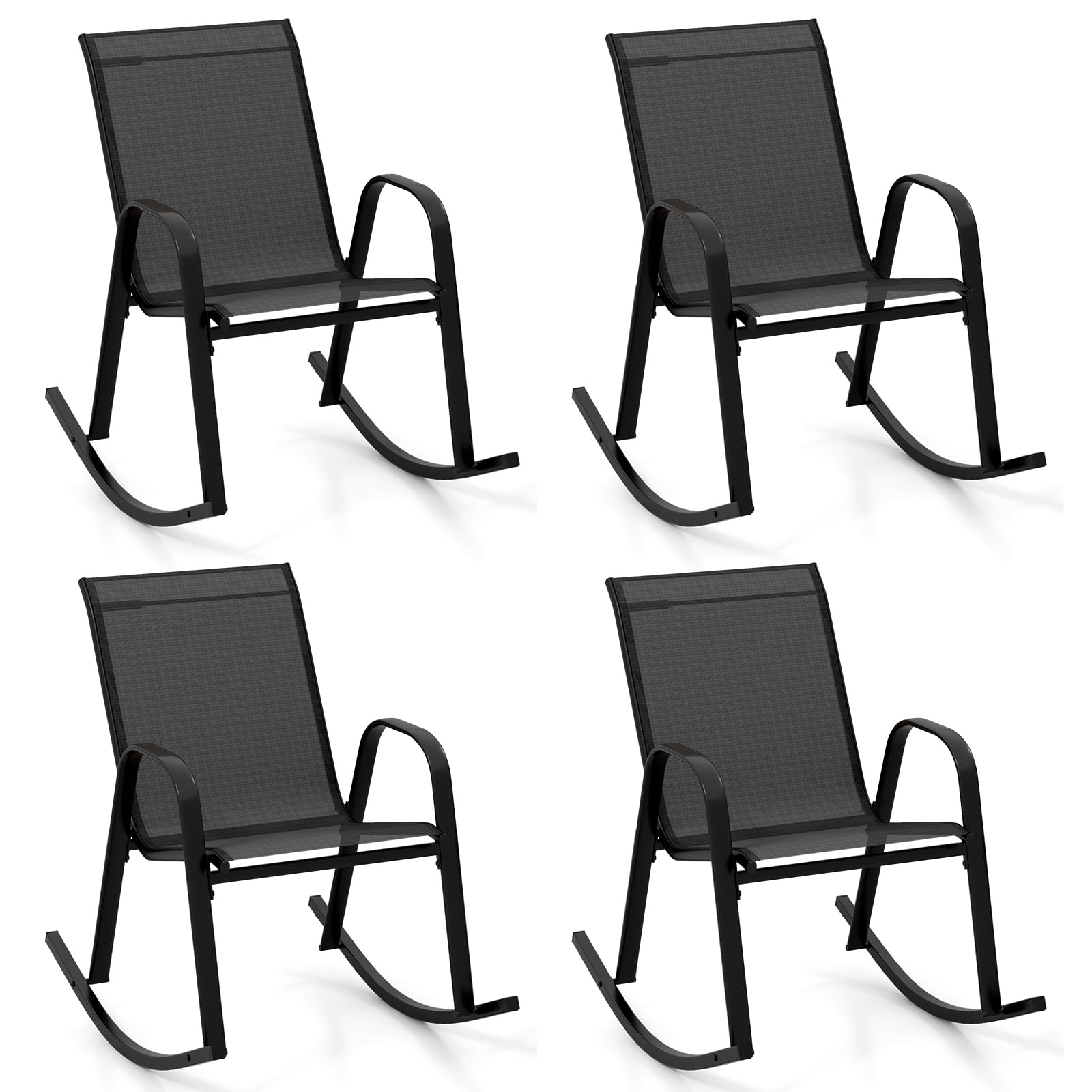 GOPLUS Lot de 2 Fauteuil Jardin Exterieur à Bascule en Textilène, 62 x 91 x 86 CM, Rocking Chair Cadre Métal avec Dossier Incurvé et Accoudoir Ergonomique, Charge de 150 KG, pour Jardin, Balcon (Noir)