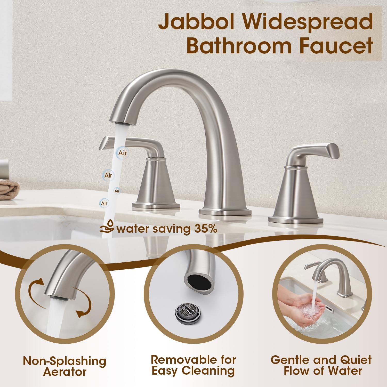 Widespread Bathroom Faucet 3 Hole, Brushed Nickel Bathroom Sink Faucet, 2 Handle Brass Bathroom Faucets for Vanity Faucet with Pop Up Drain and 2 Supply Lines