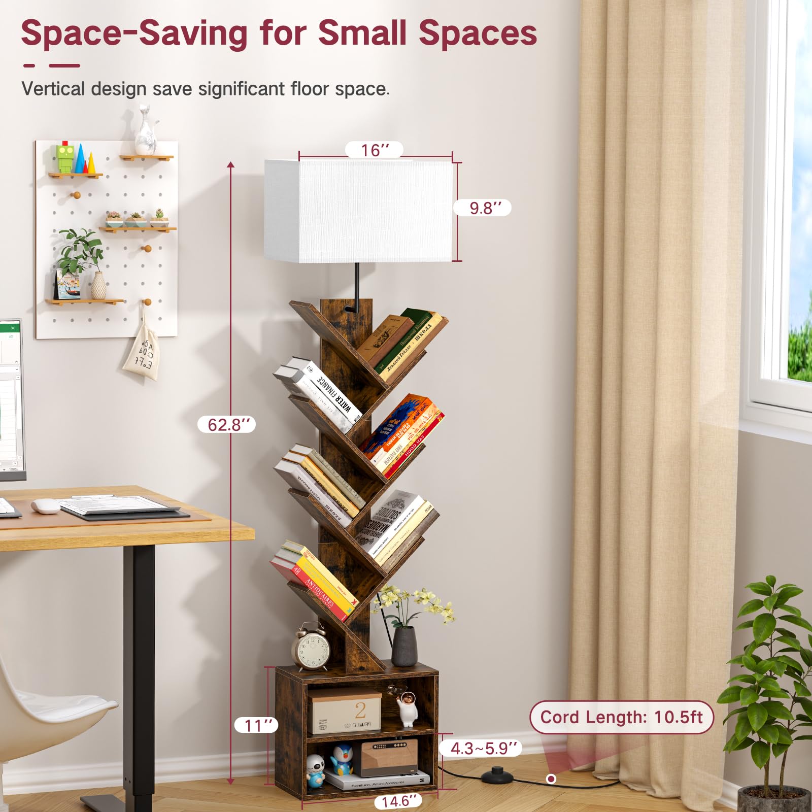 Libreria a Forma di Albero in Legno con Luce, Scaffale Autoportante a 9 Ripiani ad Angolo con Mobiletto – Libreria Salvaspazio per Libri, CD, per Soggiorno, Studio, Ufficio(Rustic Brown)