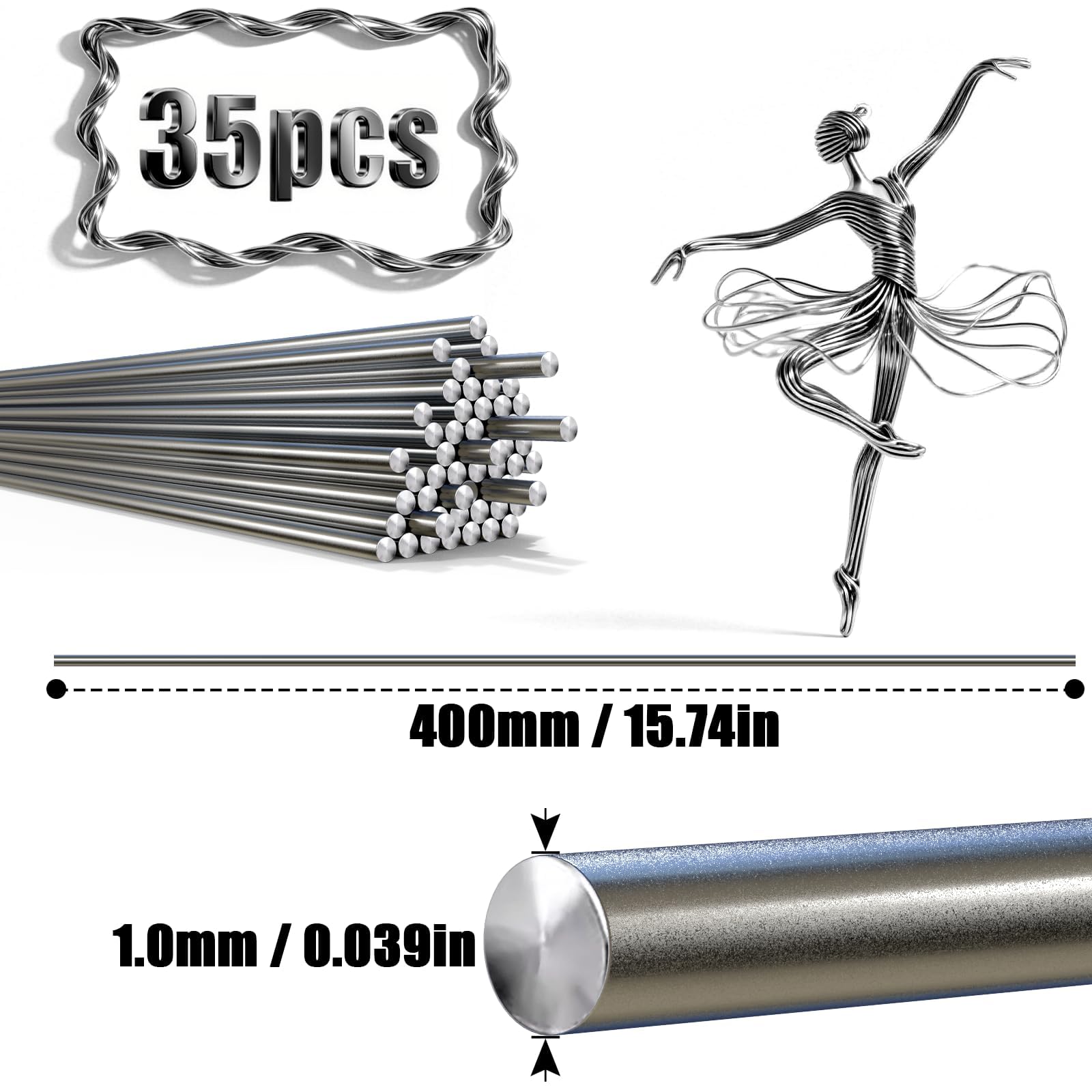 35 sztuk drutów ze stali sprężynowej, drut ze stali nierdzewnej, metalowe pręty 1,0 mm x 400 mm, metalowy pręt ze stali nierdzewnej, pręt sprężynowy, okrągły pręt ze stali nierdzewnej, okrągłe pręty