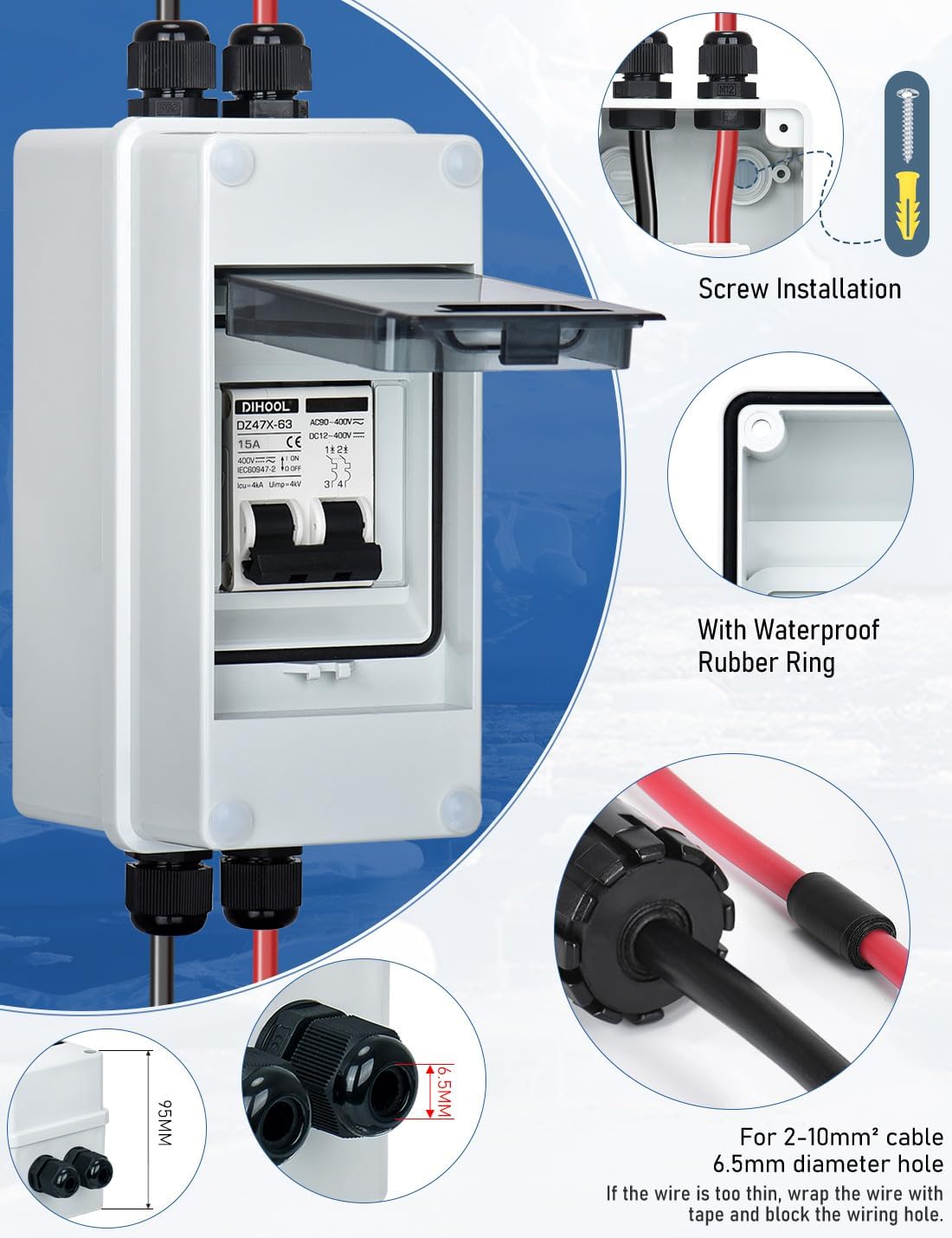 DIHOOL AC DC Circuit Breaker with IP65 Din Box for Solar Systems, 15 Amp 2 Pole 12V-400V, Non Polarized, Solar Panel Disconnect Switch, PV Array Shut Off Isolator - Image 5