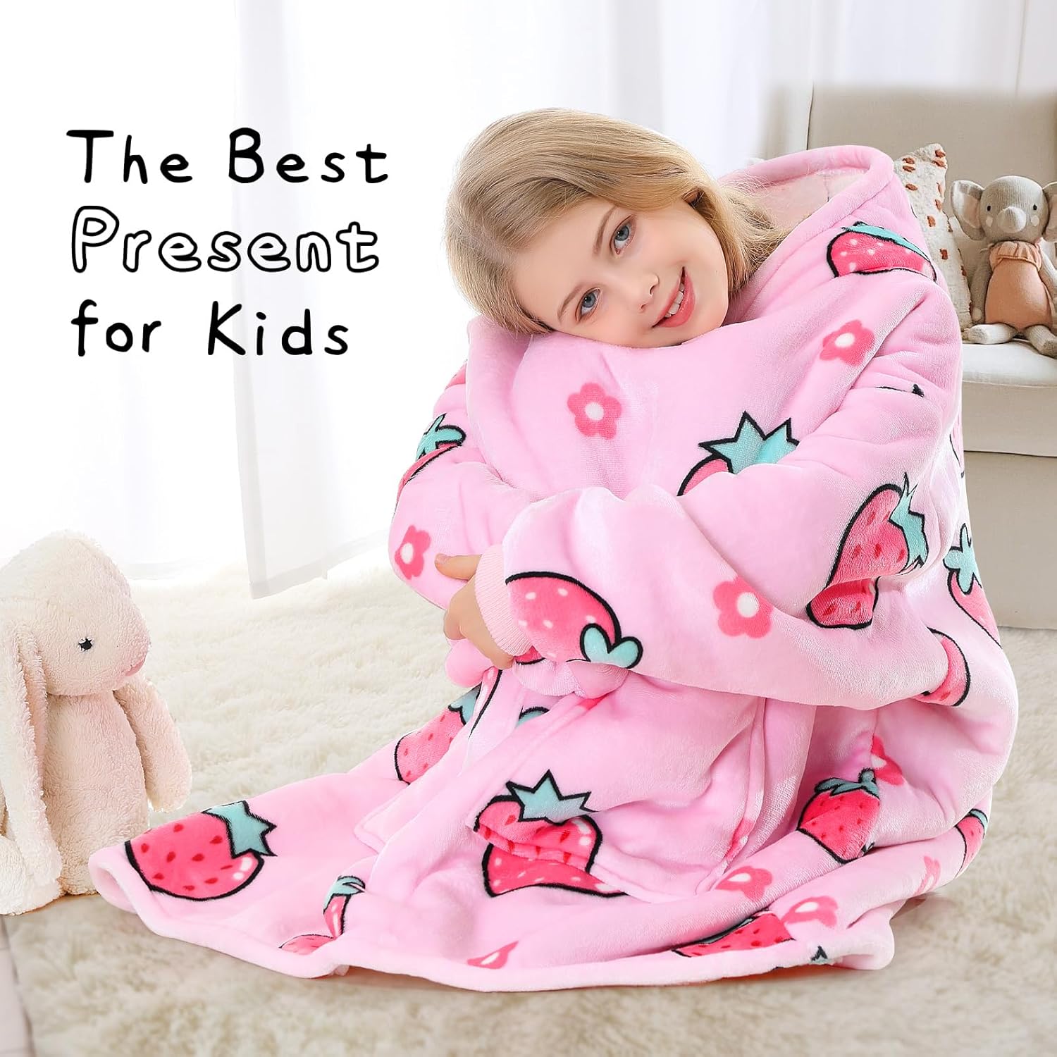 Aemicion Blanket Hoodie for Kids,Oversize Sherpa Sweatshirt Wearable Blanket with Pink Strawberry as Gift for Girls Daughter Friends - Image 6