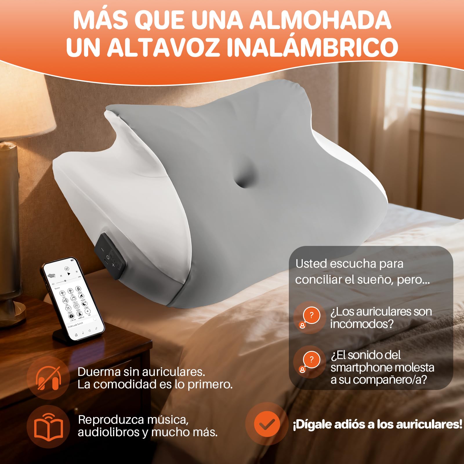 FUNYKICH Almohada de Espuma Viscoelástica de Ruido Blanco con 32 Sonidos, 58×36×8/11.5cm Almohada Cervical Ergonómico de Mariposa, Funda Desenfundable y Lavable,Tecnología de Conducción Ósea