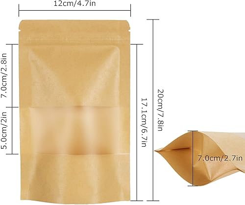 Miniatura 2 de Paquete de 100 bolsas de papel kraft Ziplock con ventana para almacenamiento de alimentos, contenedores de embalaje resellables, organizador