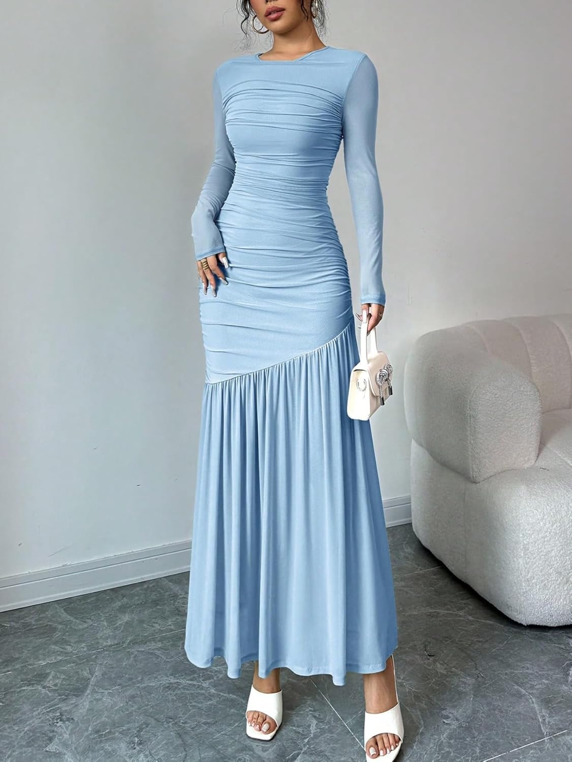 LIGHT DOT Women's Formal Bodycon Maxi Dress Long Sleeve Mesh Ruched Cocktail Prom Dress