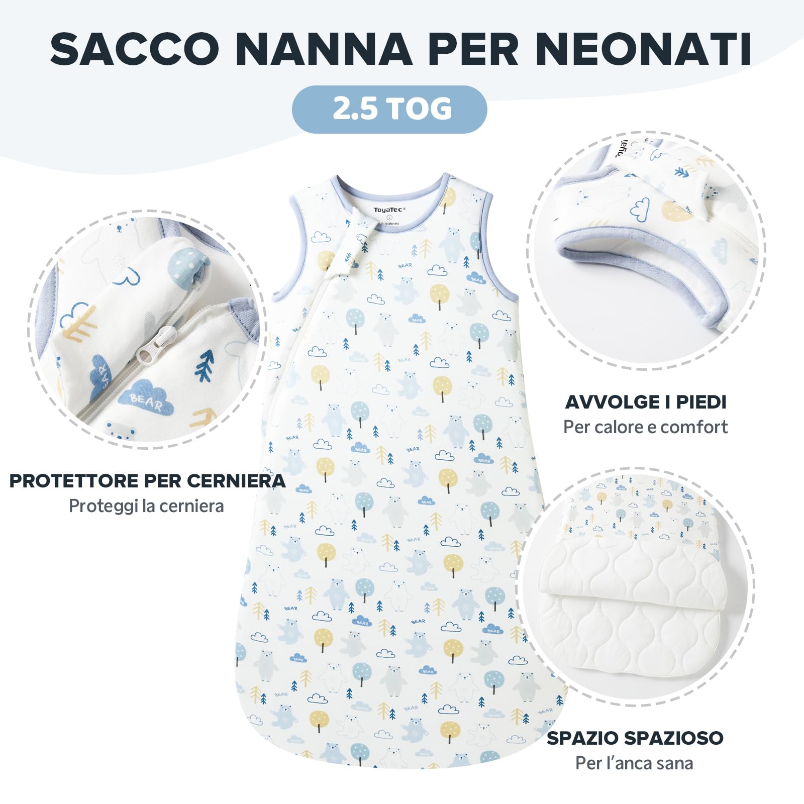 ToyaTec Sacco Nanna Bebé 2.5 Tog Super Morbido in Viscosa di Bambù, Sacco Nanna in Fibra di Bambù per Neonati, Coperta da Letto Autunno-Inverno
