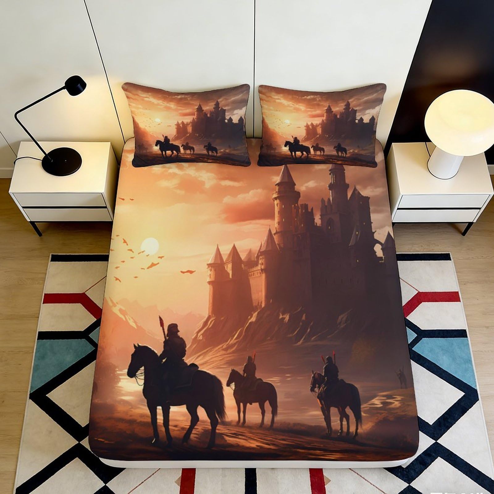 3D Printed Medieval Castle Fitted Sheet Microfiber Soft Horse Rider Bed Cover for Bedroom Dorm Mattress Decor 90x200x25cm