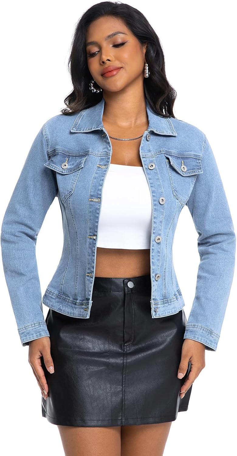 Women Cropped Denim Jacket Lapel Button Down Long Sleeve Slim Fitted Stretchy Short Jean Jacket with Pockets - Image 2