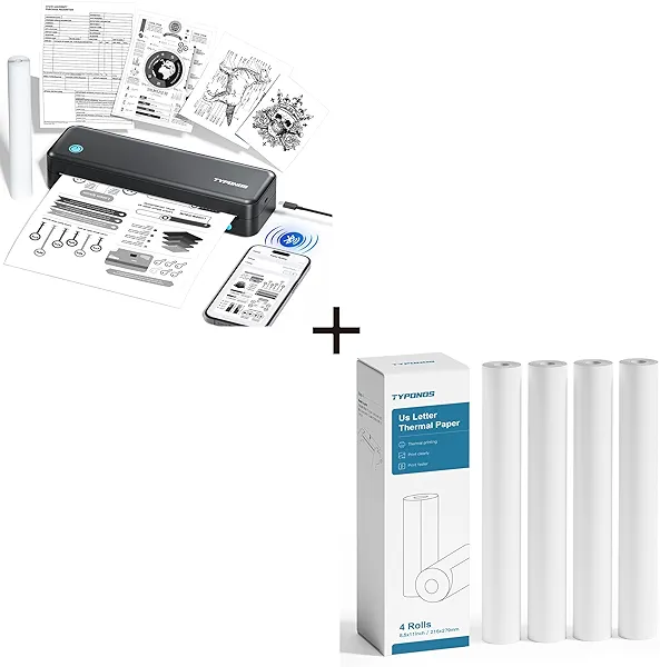 Portable Printer, D820 Thermal Printer, Bluetooth Printers for Home Use, Compatible Continuous Thermal Paper 8.5" Width, 4 Rolls