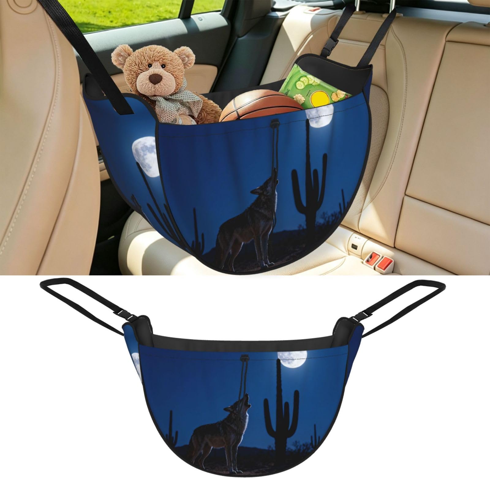 Cntdbu Black Coyote Howl Moon Car Seat Organizer-Backseat Storage Bag For Travel