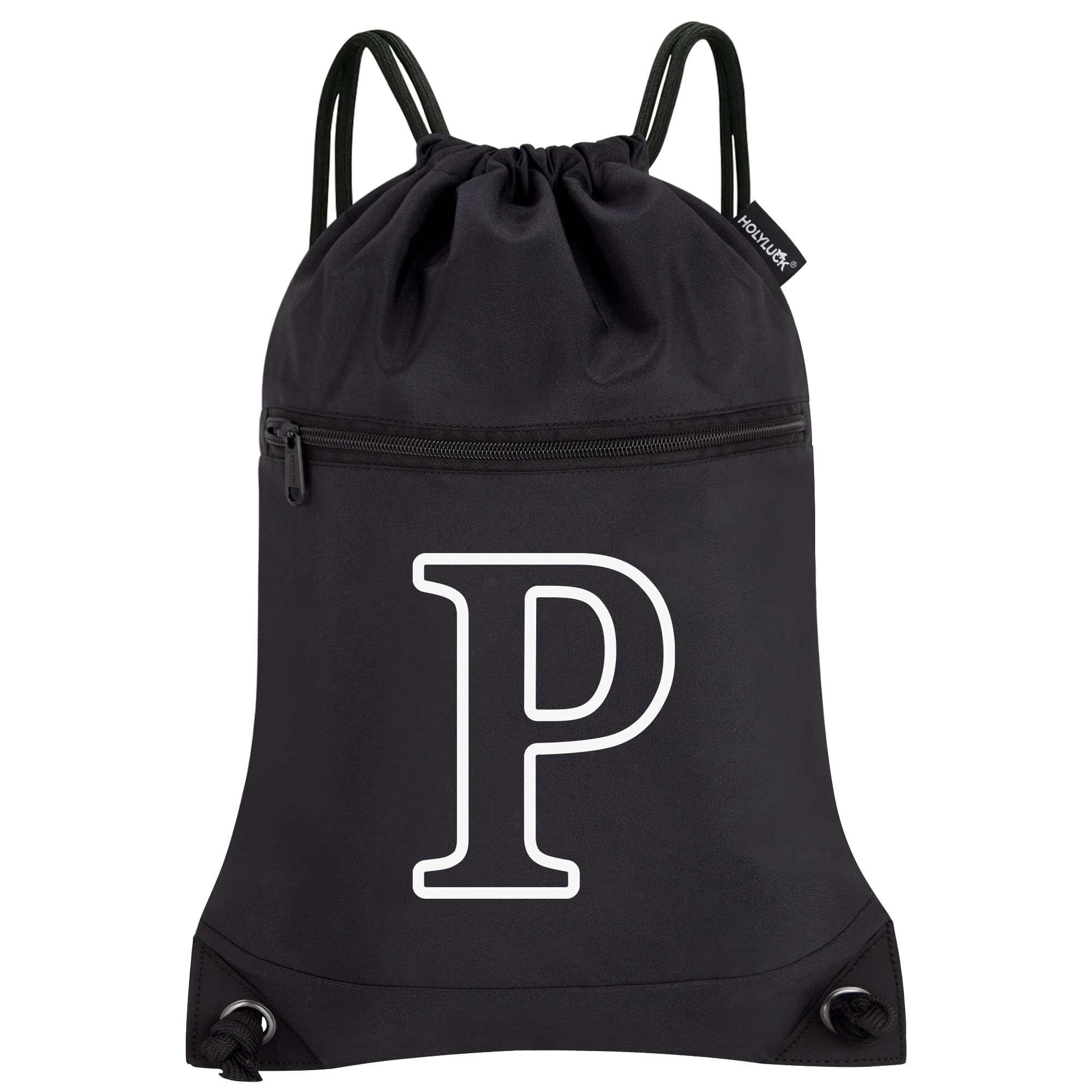 HOLYLUCK Drawstring Bags Initial Backpack Sackpack Cinch Bags for Sports, Gym, Travel, Beach (Black-P)