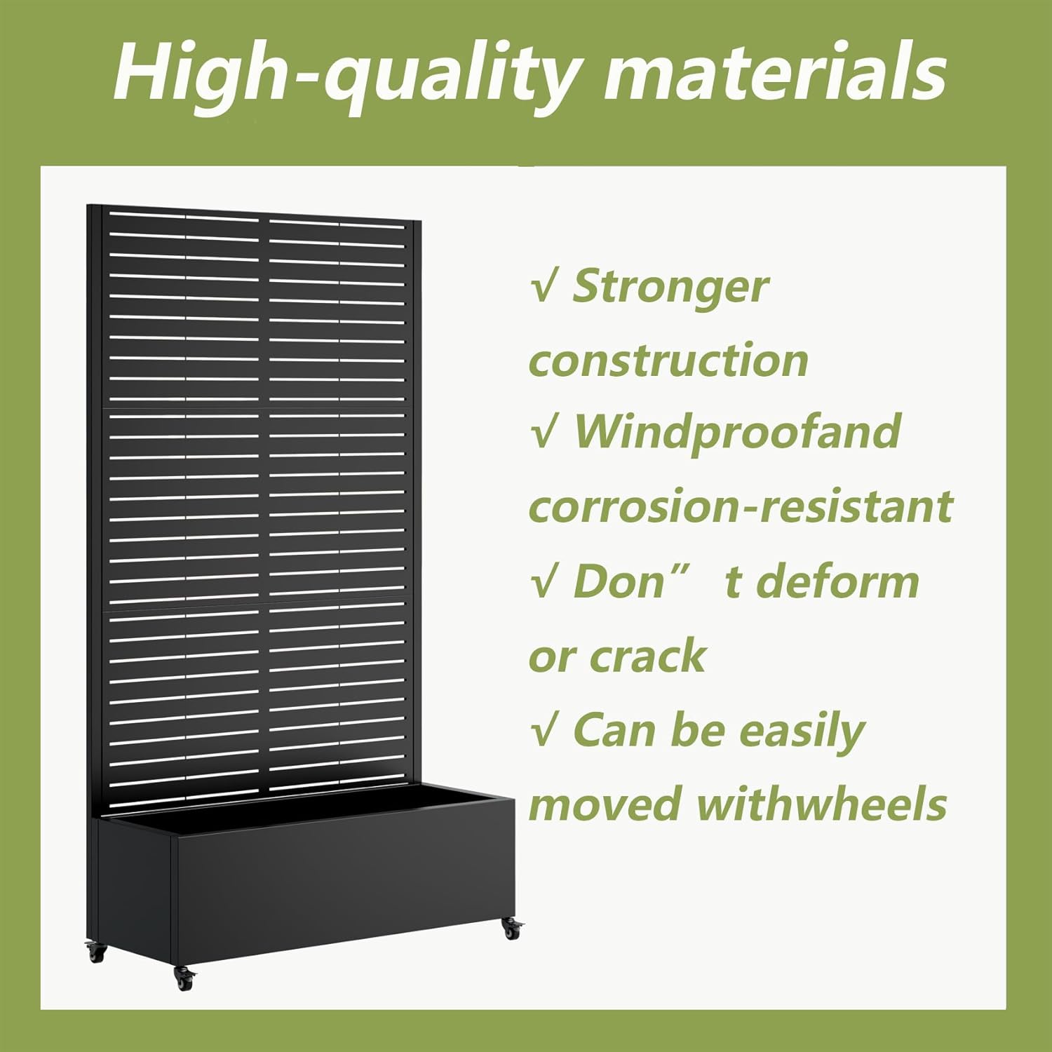 Metal Planter Box with Trellis, Galvanized Steel Outdoor Raised Garden Bed with Privacy Screen with 4 wheelsTrellis, with Drainage Holes & Lockable Casters (Square)