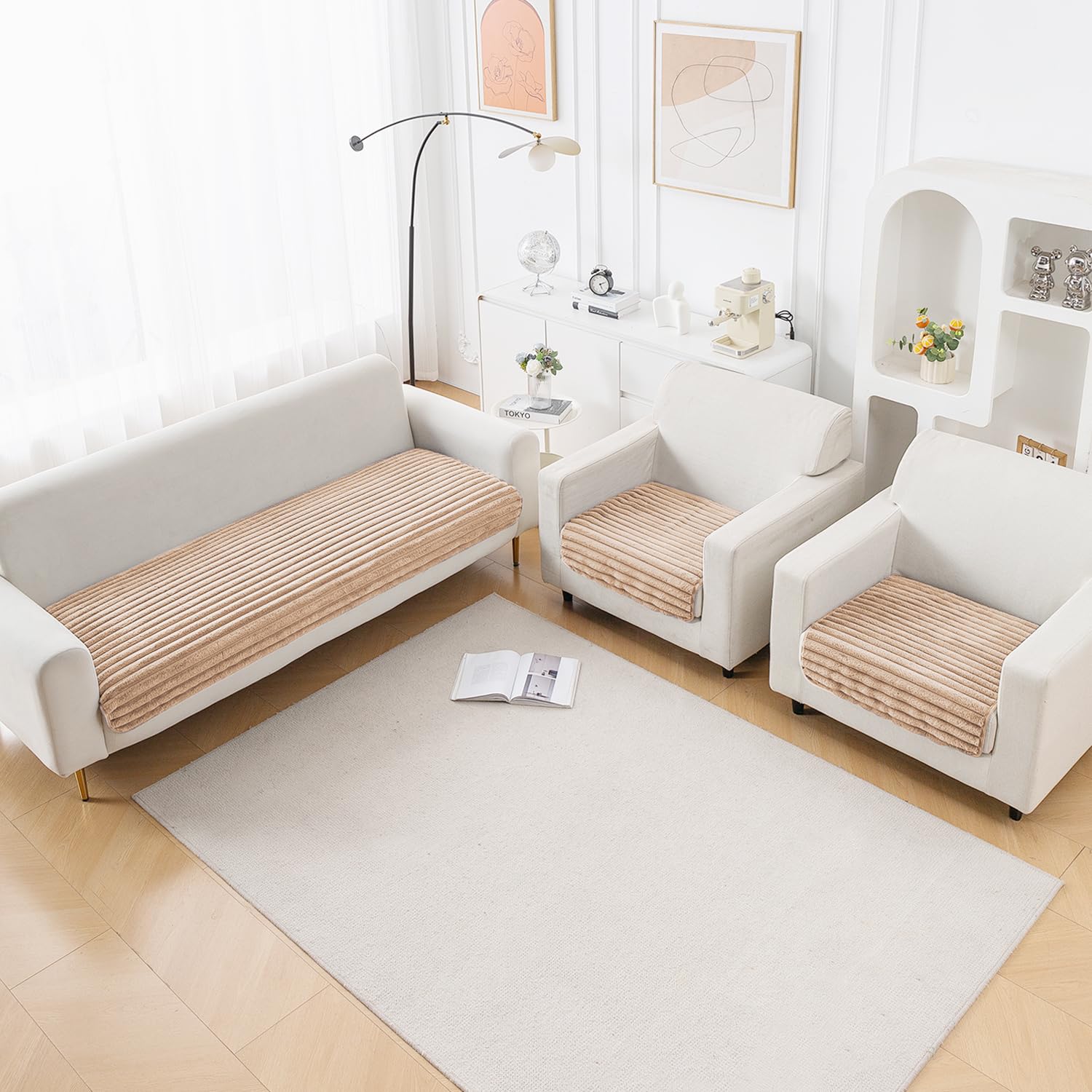HOKIPO Faux Rabbit Fur Sofa Cover 5 Seater Set (3+1+1) – Plush Anti-Slip Mat for 311 Seater Sofa | Snuggle Fur Sand Brown (AR-6333 * 2 + AR-6337-LBR)-image-37