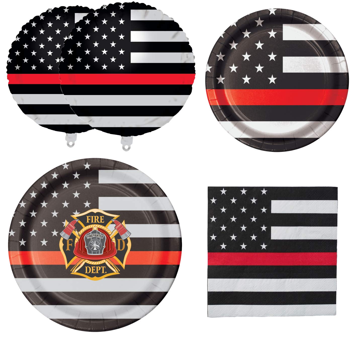 Fire Fighter Party Supply Bundle for 16 People | Dinner Plates Dessert Plates and Napkins for 16 People Plus 2 Balloons | Fire House Retirement Party Graduation Fire Dept Farewell Family Work Events