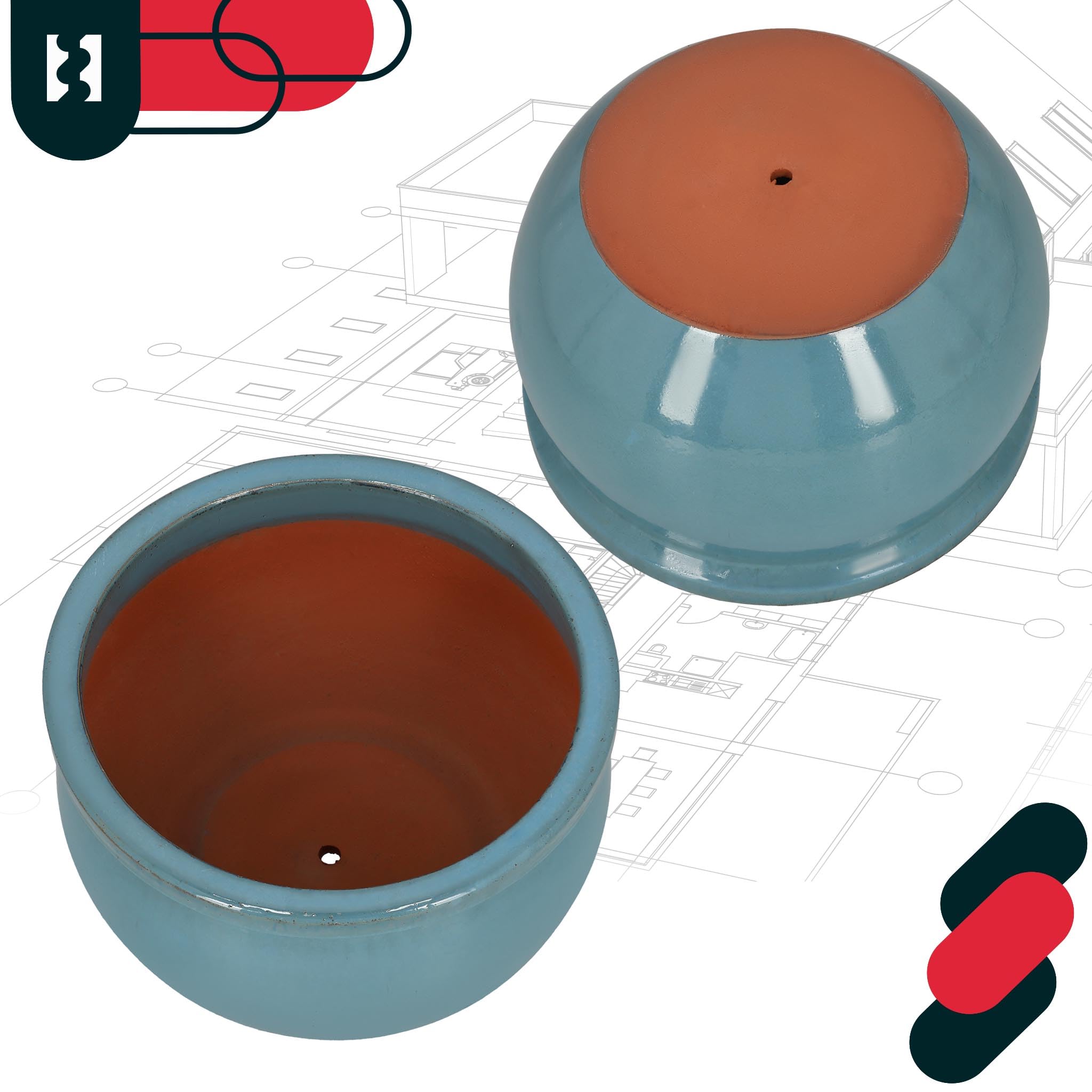 KOTARBAU® - Vaso da fiori in ceramica per giardino, rotondo, ⌀ 390 mm, turchese
