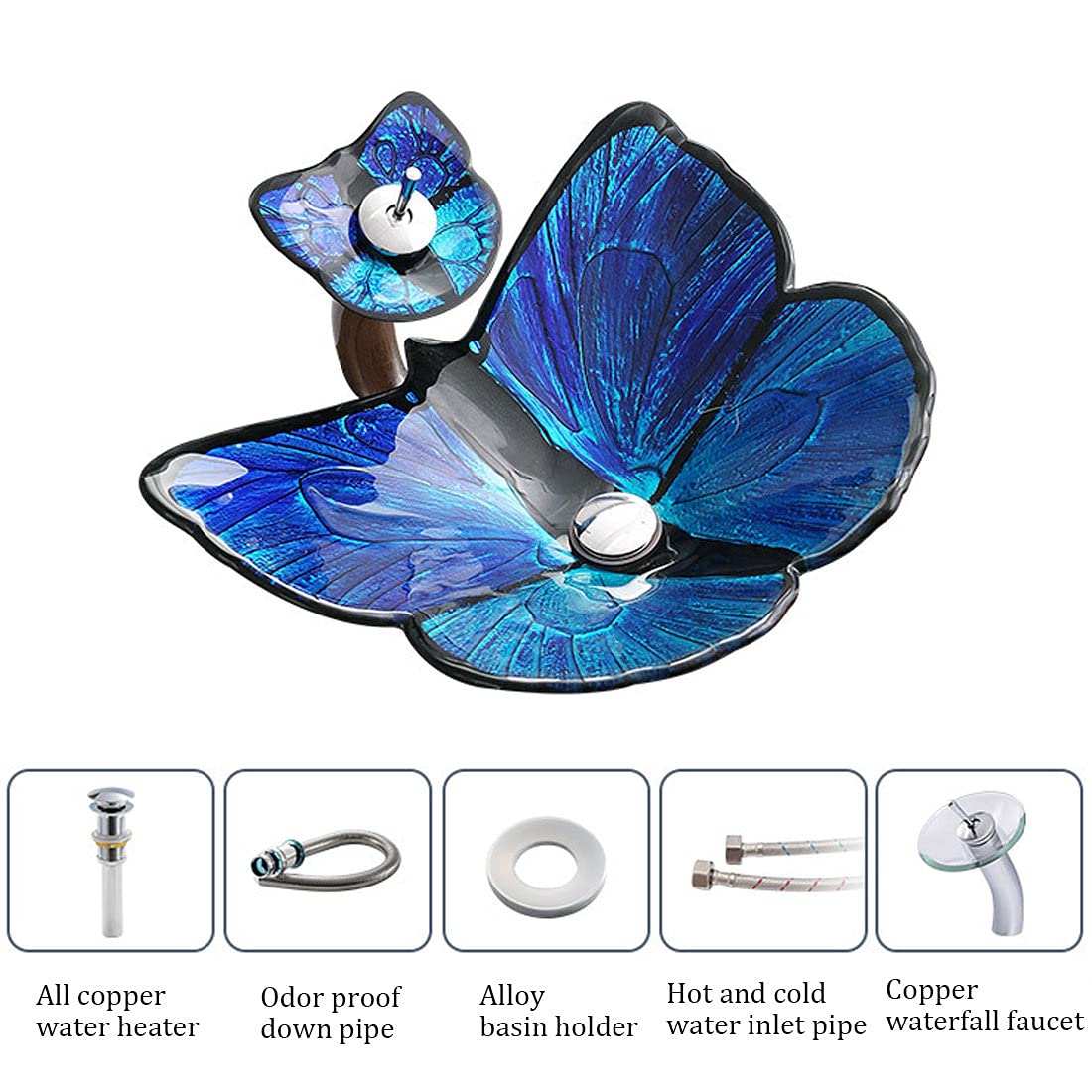Amazon.co.jp: 青い蝶の形をした強化ガラスの洗面台バスルームの容器の