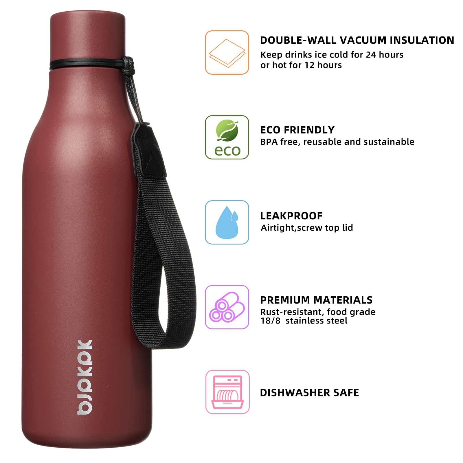 BJPKPK Botellas de agua aisladas, botella de agua de metal de acero inoxidable de 18 onzas con correa, sin BPA, a prueba de fugas, tazas, frascos, frascos térmicos reutilizables para deportes y viajes