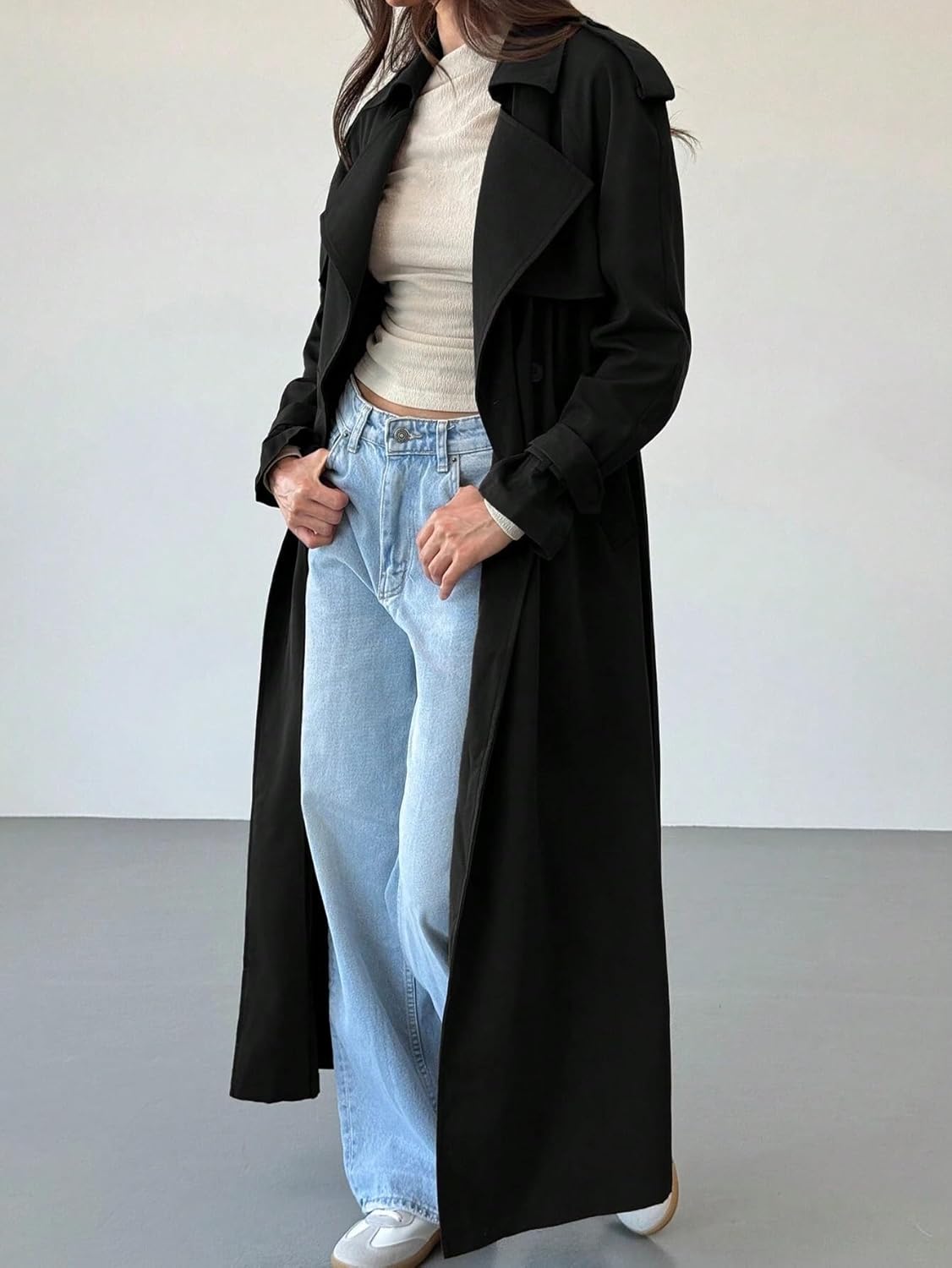 Womens Fashion Trench Outwear Long Waist Double-Breasted Lapel Trench Coat Jacket Coat