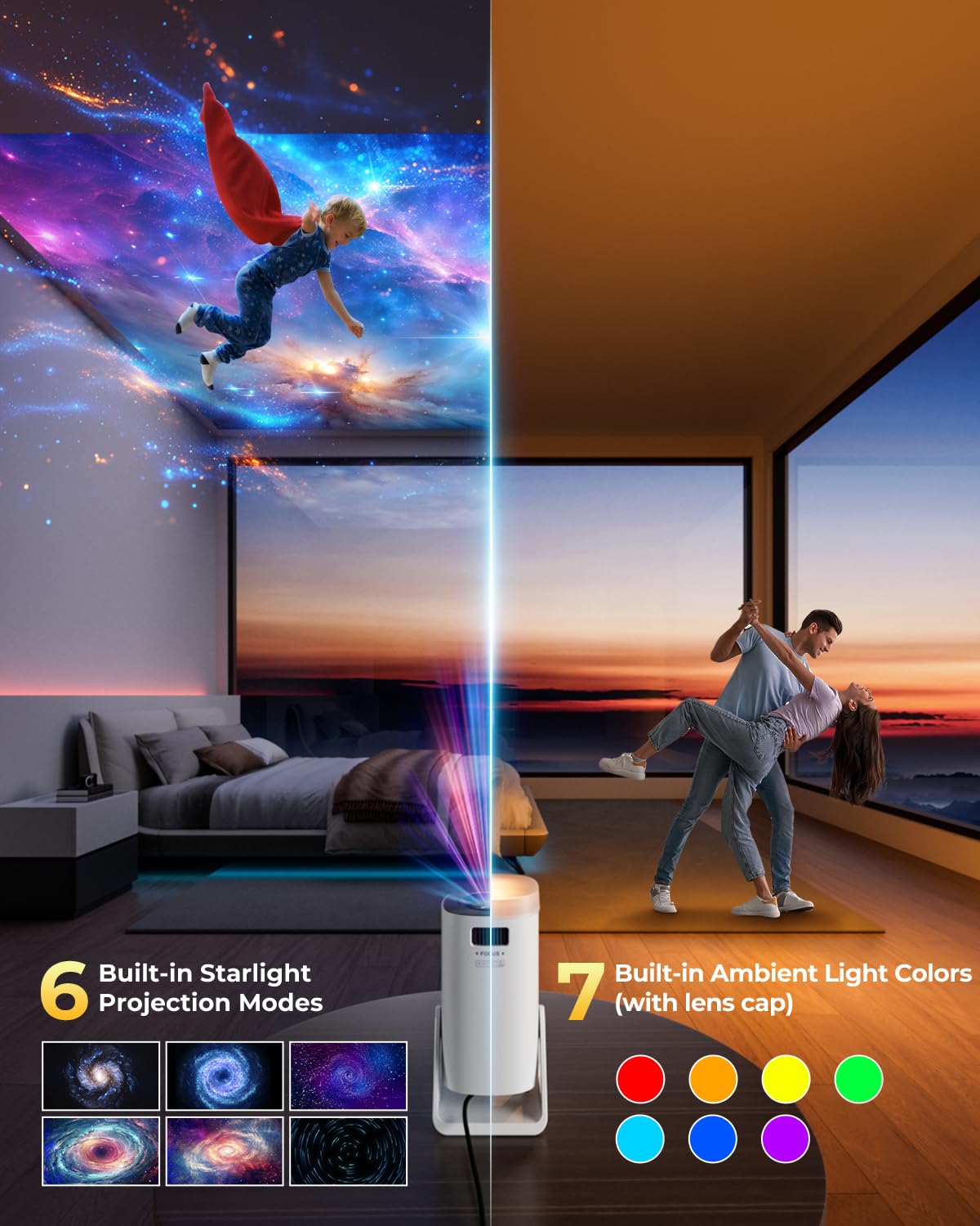 [App integrata & 2025 Upgraded] AMEELA Mini Proiettore Portatile con WiFi e Bluetooth, 4K 1080P Supporto Proiettore Stelle 270°Rotazione per Phone/PS5/HDMI/TV Stick/USB/PC