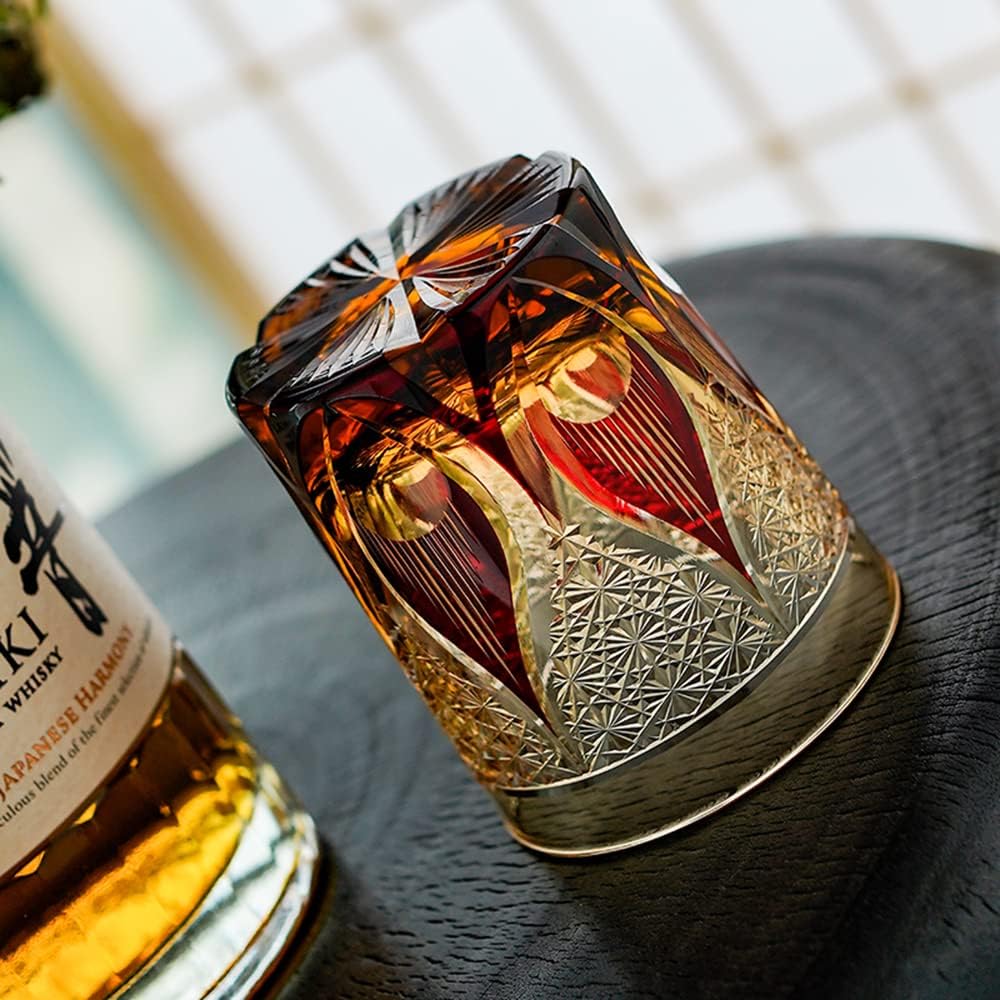 JINZHI Japanese Style Whiskey Glasses-Luxurious 8 oz Amber Red Scotch Glasses -Hand Blown Crystal-Thick Weighted Bottom Rocks Glasses - Image 2