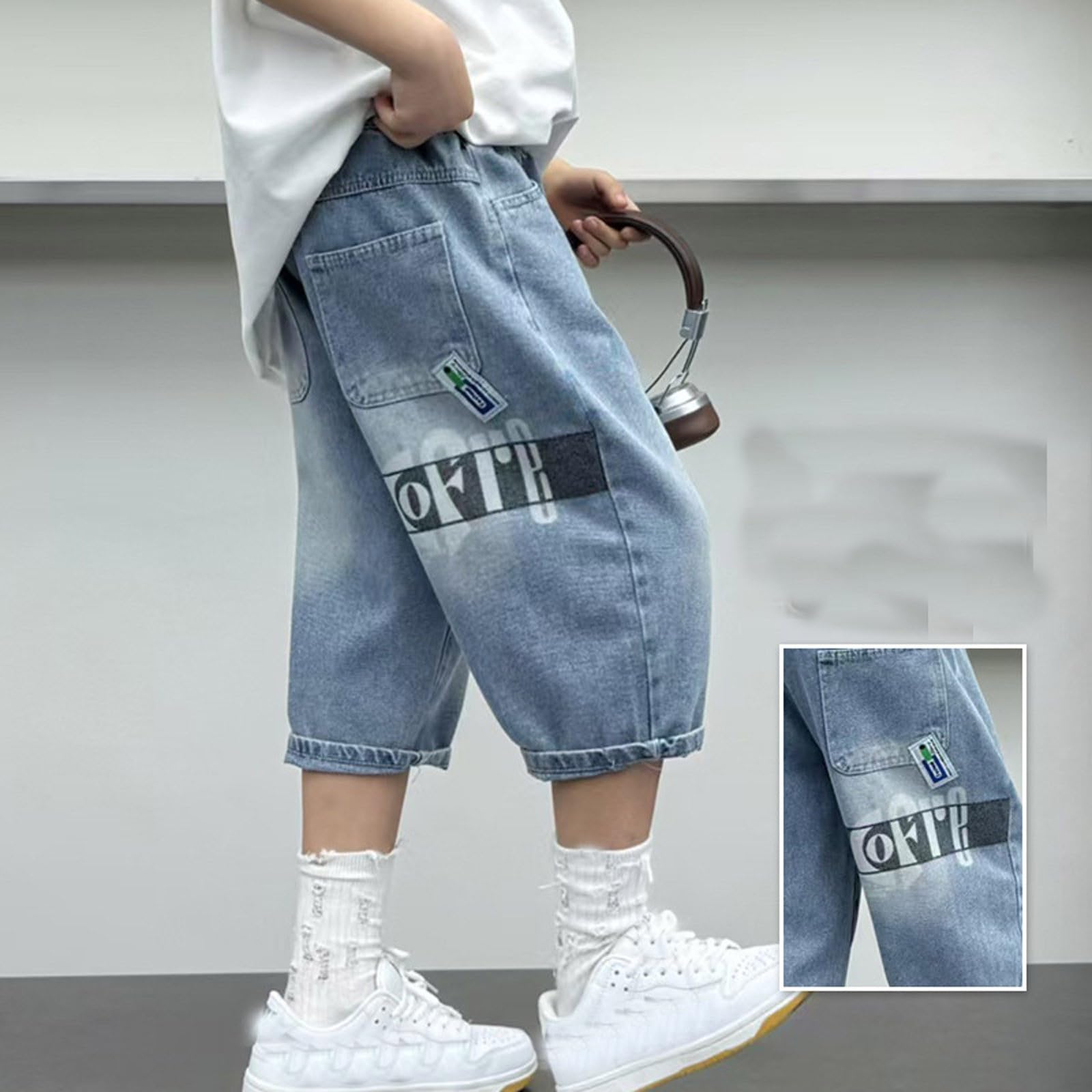 Garçons Short en Denim Été Pantalons Court Baggy Léger Pantalon Jeans 3/4, Bermuda Jeans Garçons Bleu Enfant Mode Denim Pantacourt Streetwear Outdoor 4-14ans