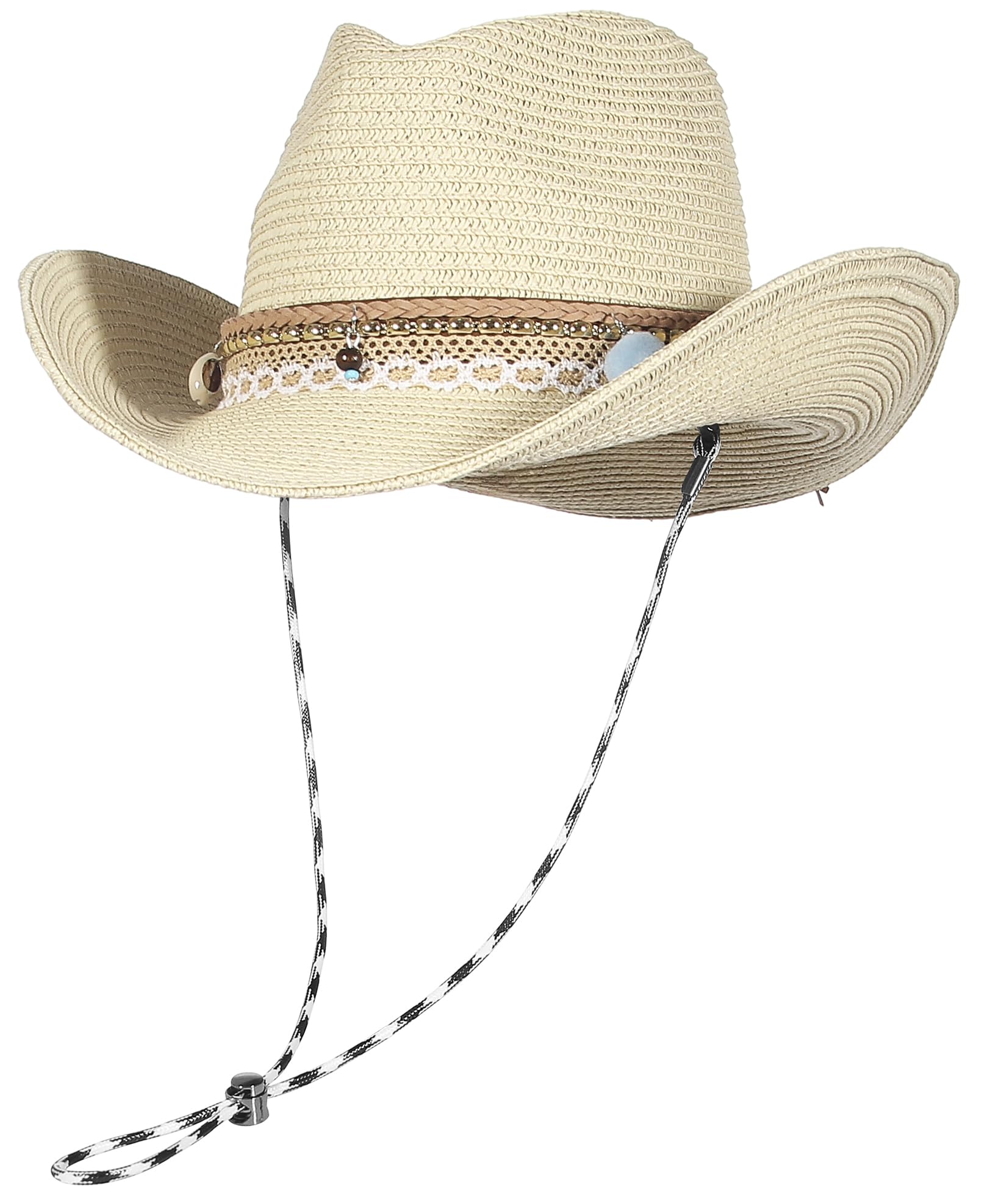 Gemvie Women's Khaki Summer Cowboy Cowgirl Hat Unisex Roll Up Brim Fedora Straw Sun Hat Western Cowboy Hat Straw Beach Cap