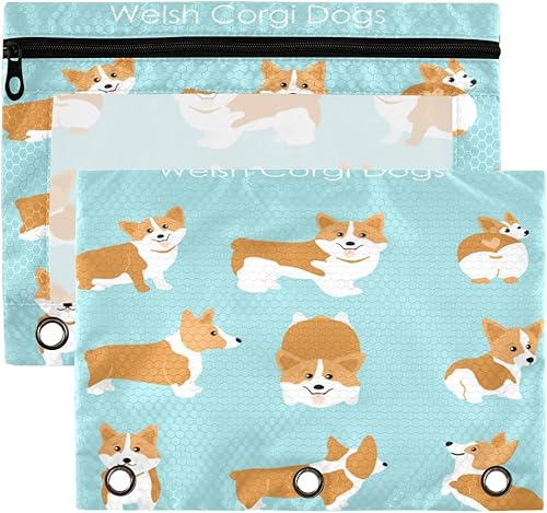 Kcldeci Estuche para lápices para carpeta de 3 anillas, lindo y feliz juego de corgi galés de dibujos animados, paquete de 2 bolsas para lápices con