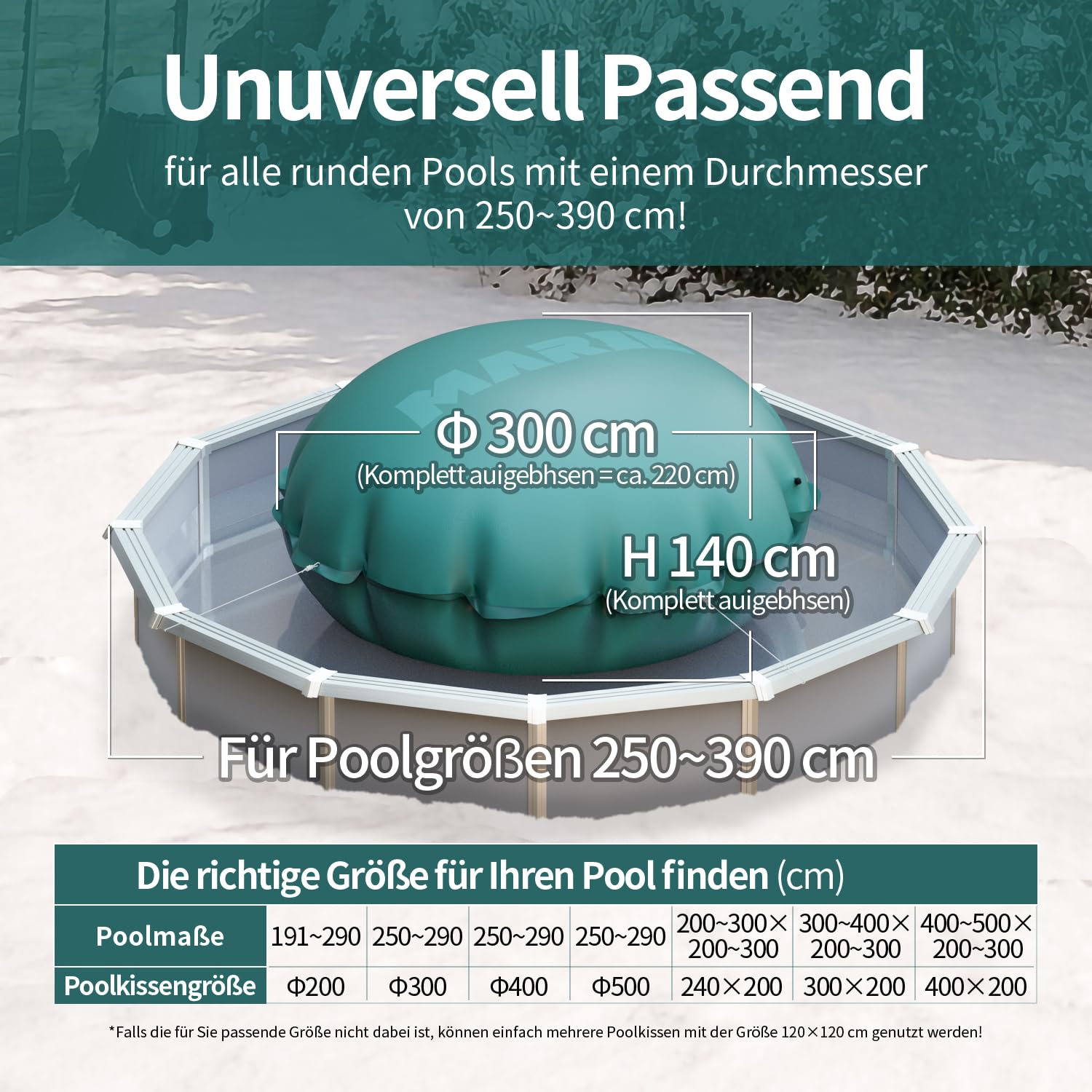 MARIE Poolkissen Winter 3m für Ø300-400 cm Pools, XXL Pool Winterkissen rund, Luftkissen Pool Kissen Winterfest, Poolpolster Pool Abdeckung Kissen Doppelnaht, Chlorbeständiges Überwinterungskissen