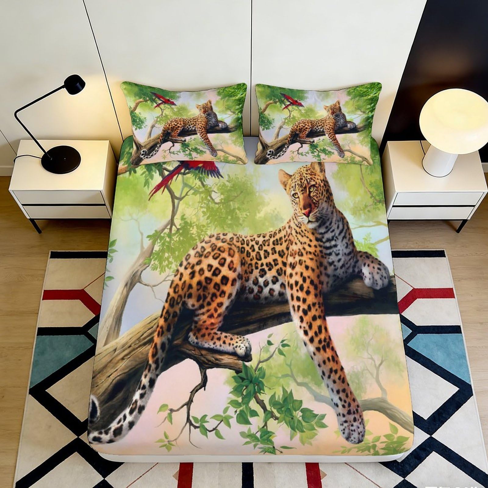 3D Printed Jungle Leopard Fitted Sheet Microfiber Deep Pocket Non-Slip Bedding Leopard Mattress Fitted Cover Home 140x200x25cm
