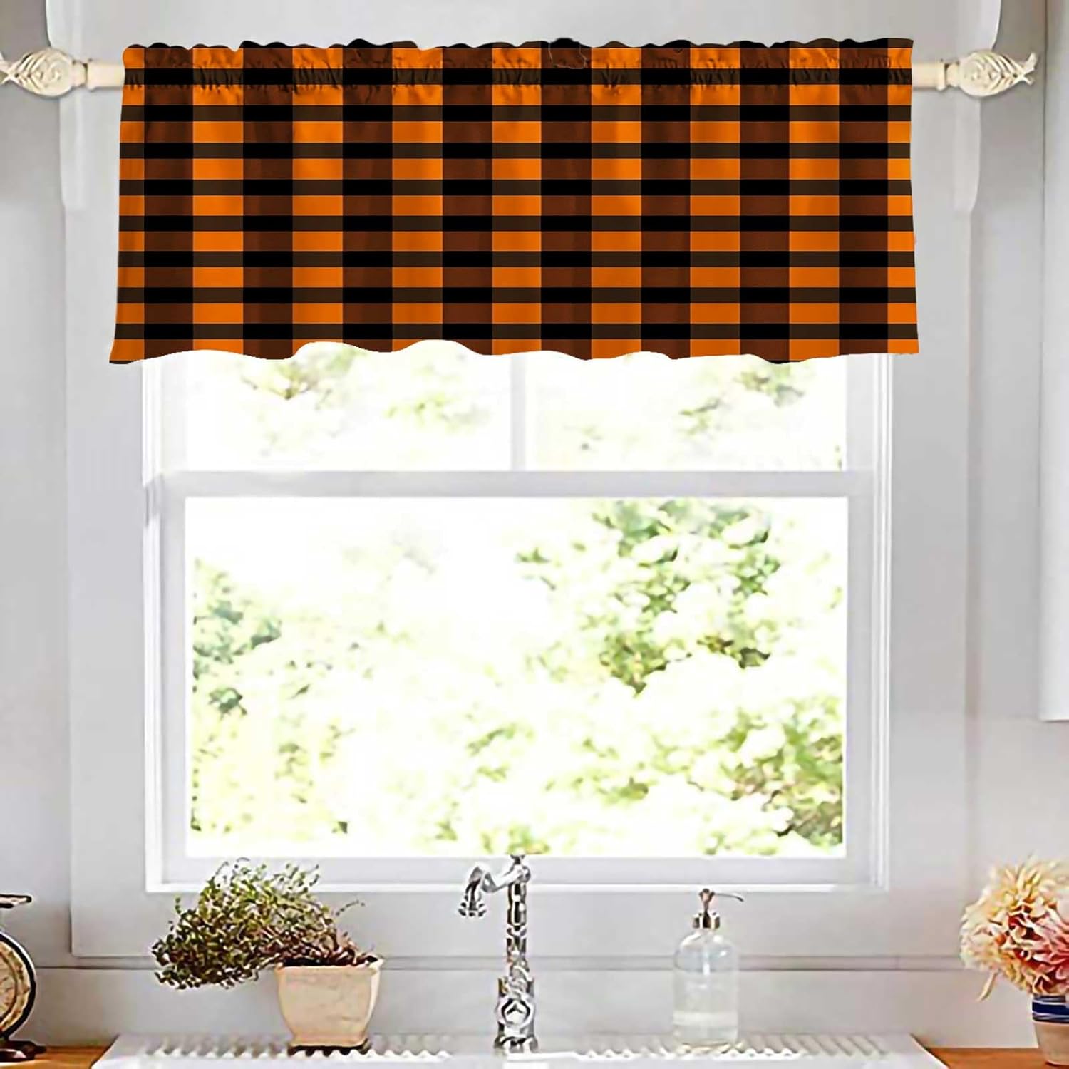 TOMWISH 2 Pack Buffalo Check Plaid Window Valances Orange Plaid Farmhouse Design Window Treatment Decor Curtains Rod Pocket Valances for Kitchen/Living Room 52" X 18"