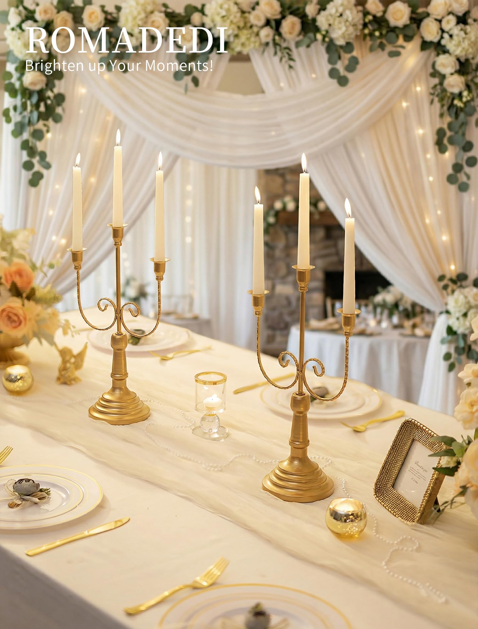 Romadedi Kandelaber, goldfarbener Kerzenhalter, 39,9 cm hoch, 3-armig, Metall, konisch, Kerzenhalter für Hochzeit, Tisch, Esszimmer, Party, Kamin, Kaminsims, Weihnachtsdekoration, 6 Stück