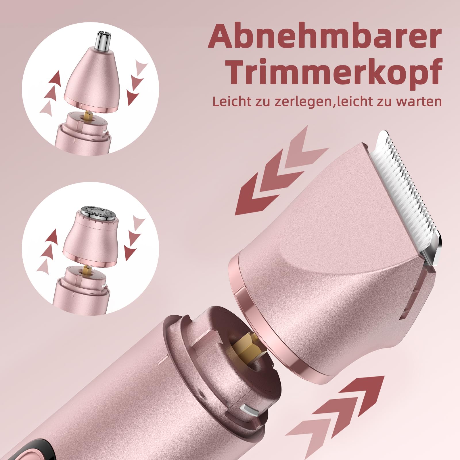 Rasierer Damen,3-in-1 Intimrasierer für Frauen Damenrasierer Elektrisch für Körper Scham und Nasenhaartrimmer Nass- und Trockengebrauch Wiederaufladbarer Trimmer (Rose Gold)