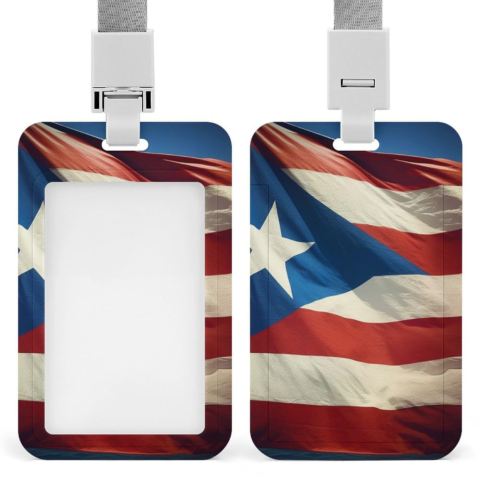 ID Card Holders for Lanyard,Puerto Rico Wallpaper Flag Printed Badge Holder with Clear Window,Plastic Vertical Bus Pass Holders for Work Teacher Nurse Employees Proximity Key Cards Women Men