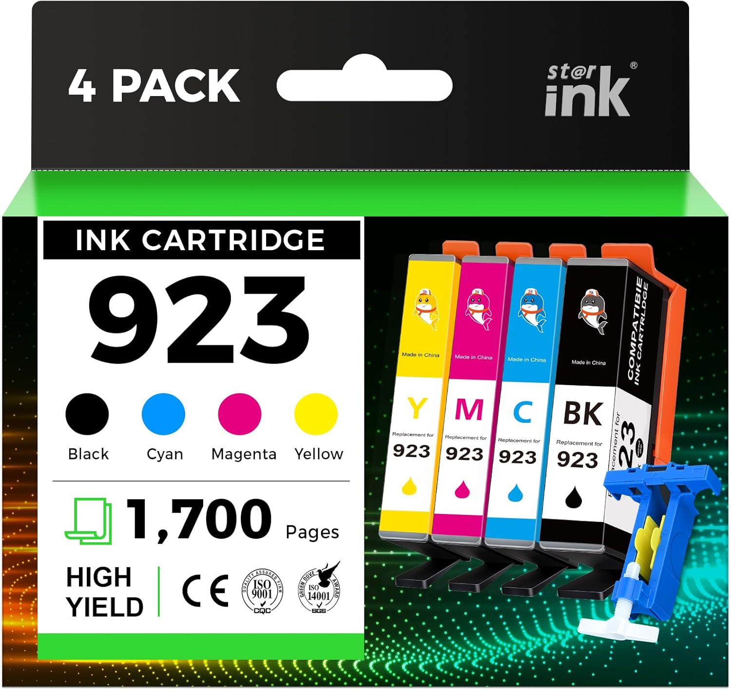 One ink is busted 923 Ink Cartridges Combo Pack Replacement for HP 923 Ink Cartridges for HP Printers Compatible with HP OfficeJet Pro 8130e OfficeJet Pro 8135e 8122e 8138e 8139e 8120e Printer Ink,4-Pack Without Chip
