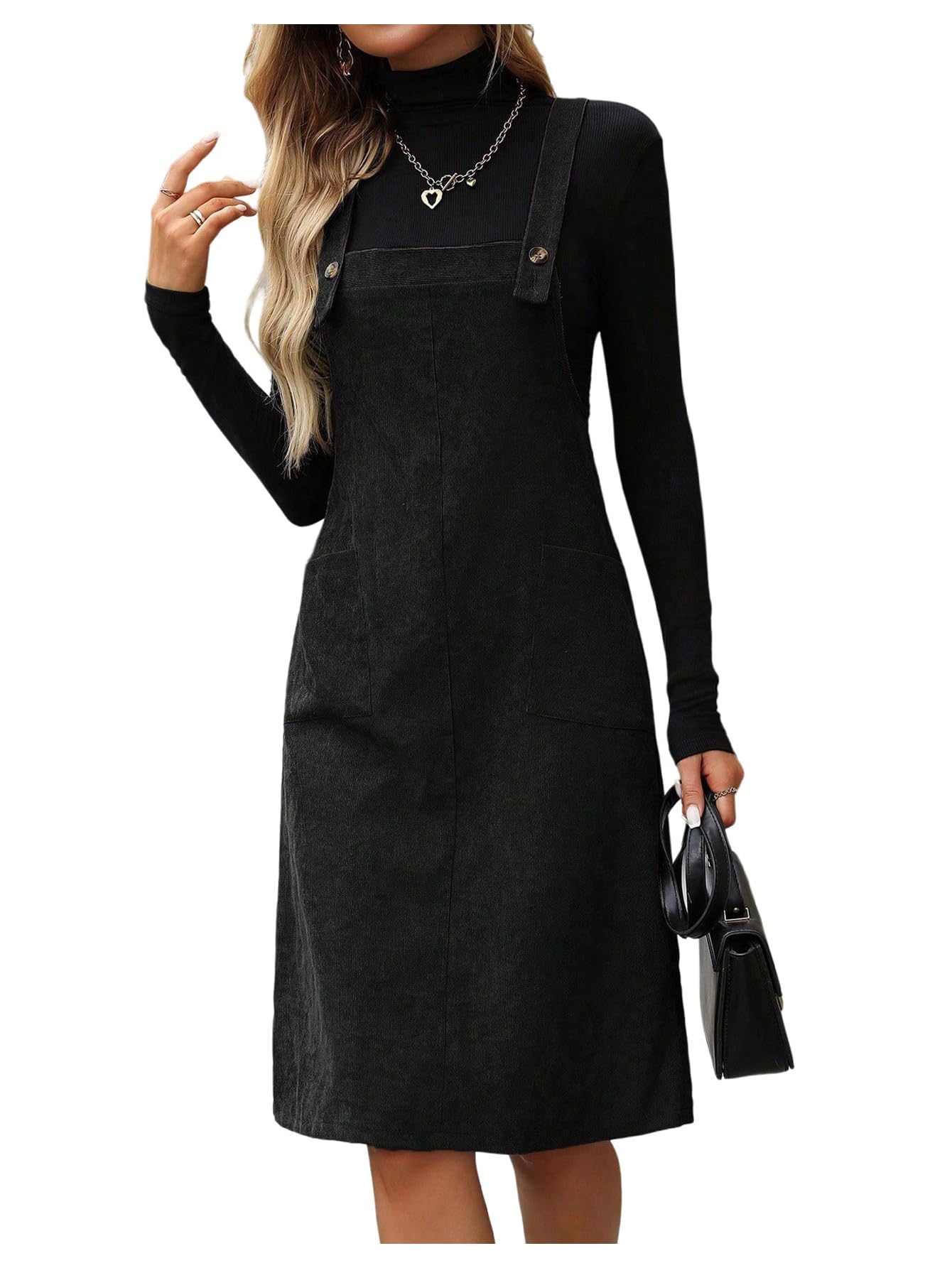 SOLY HUX Womens Square Neck Sleeveless Corduroy Dress Knee Length Fall Overall Dresses with Pockets