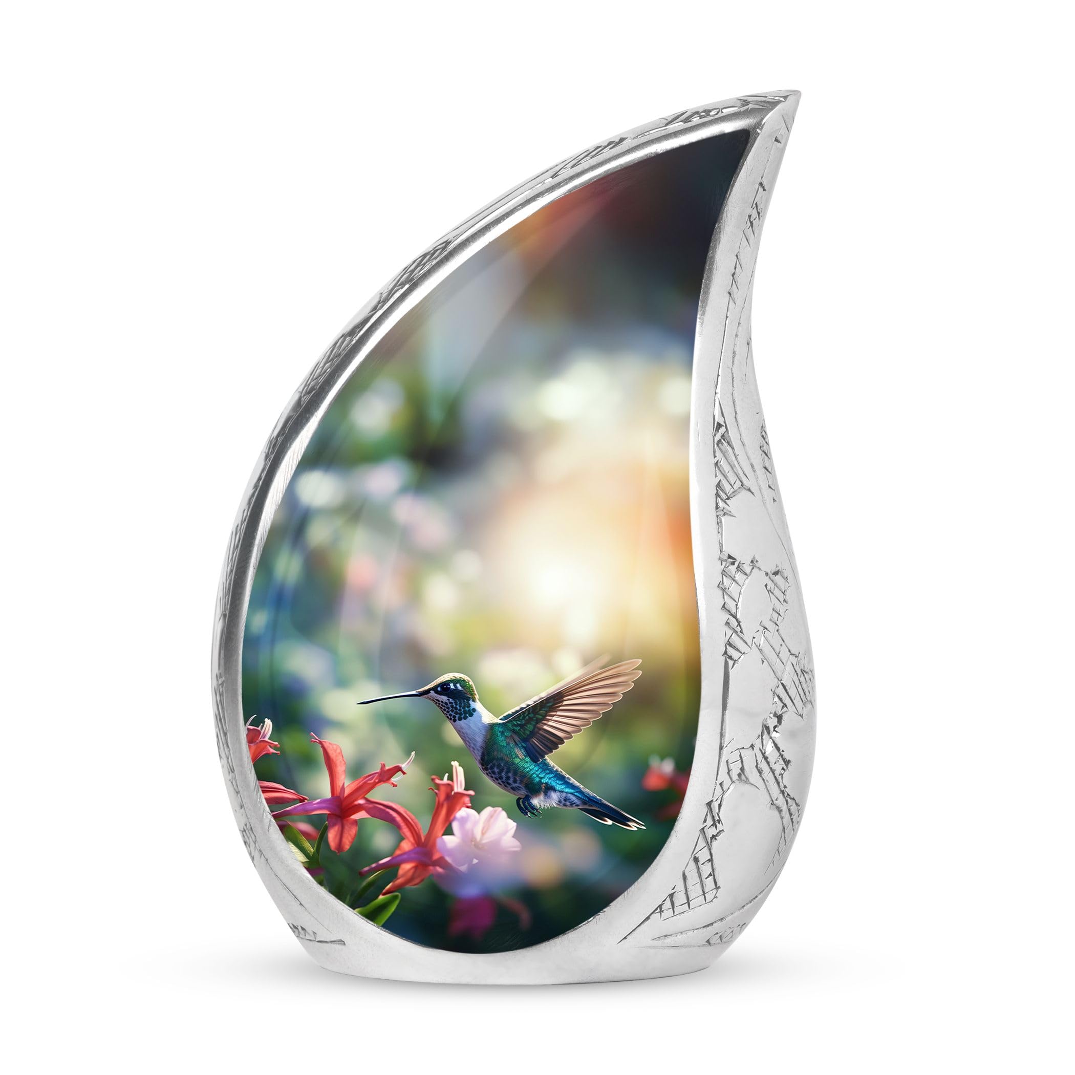 Humming Bird Flying Near Lilly Flower Urn, Teardrop Funeral Urns for Adult Ashes, Cremation Urns for Men & Women, Burial Urns for Adult Human Ashes, Large Unique Urns for Ashes 10inch Memorial Urn