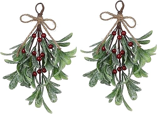 2 púas artificiales de muérdago, decoración navideña de muérdago de 9.1 pulgadas con bayas rojas, tallos florales de muérdago artificiales, adorno