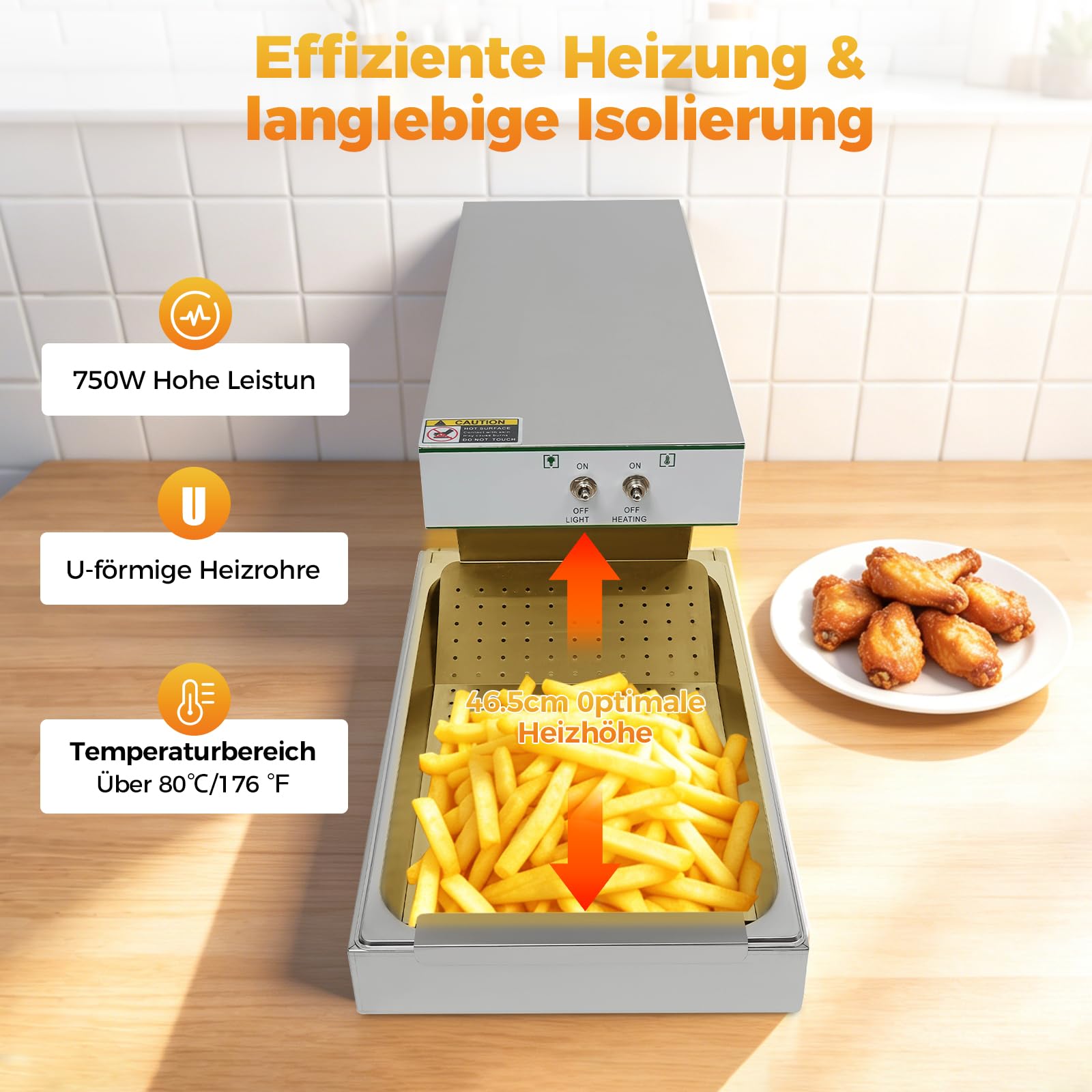 750W Pommes Frites-Wärmer Pommes Frites Wärmestation Elektro Pommeswärmer mit Beleuchtung, Wärmebrücke für Chips, Frittierte Lebensmittel