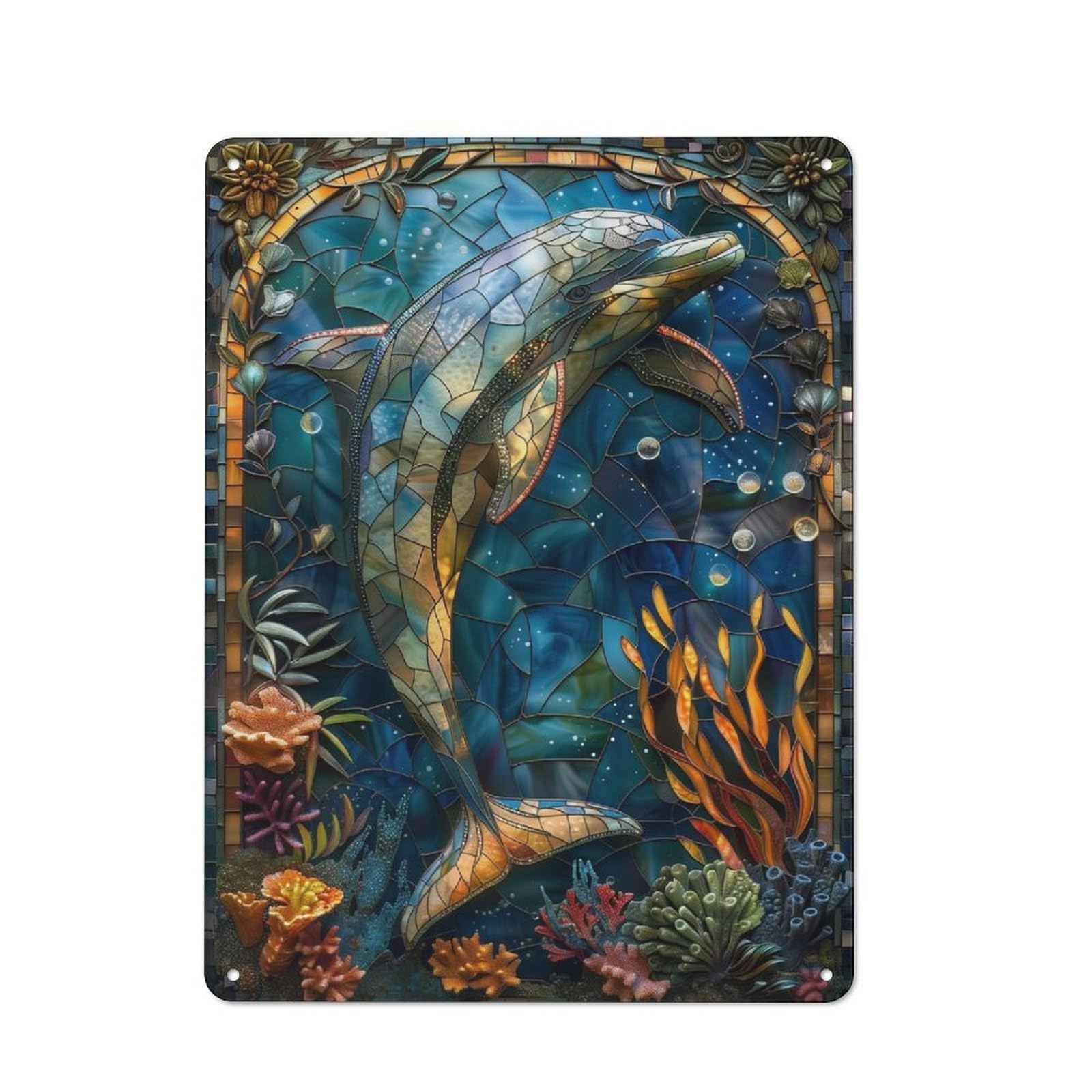 Junmoney Stained Glass Dolphin Metal Wall Sign 40X30cm Featuring For Garage Wall, For Themed Room Decoration, For Living Room And Hallway Decor