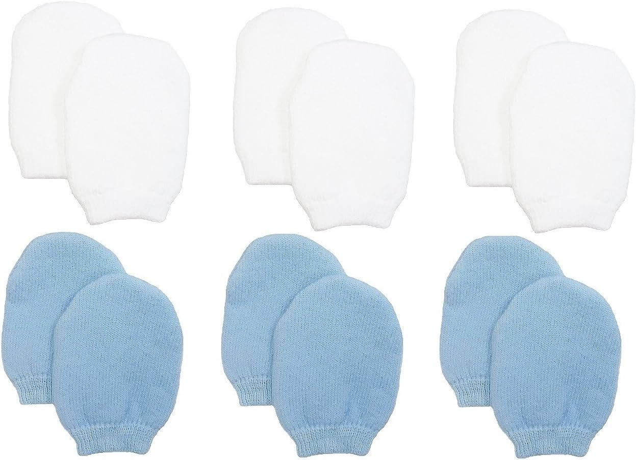 Newborn Baby Boy No Scratch Cotton Mittens (Includes 3 Pairs White & 3 Pairs Blue Mittens)