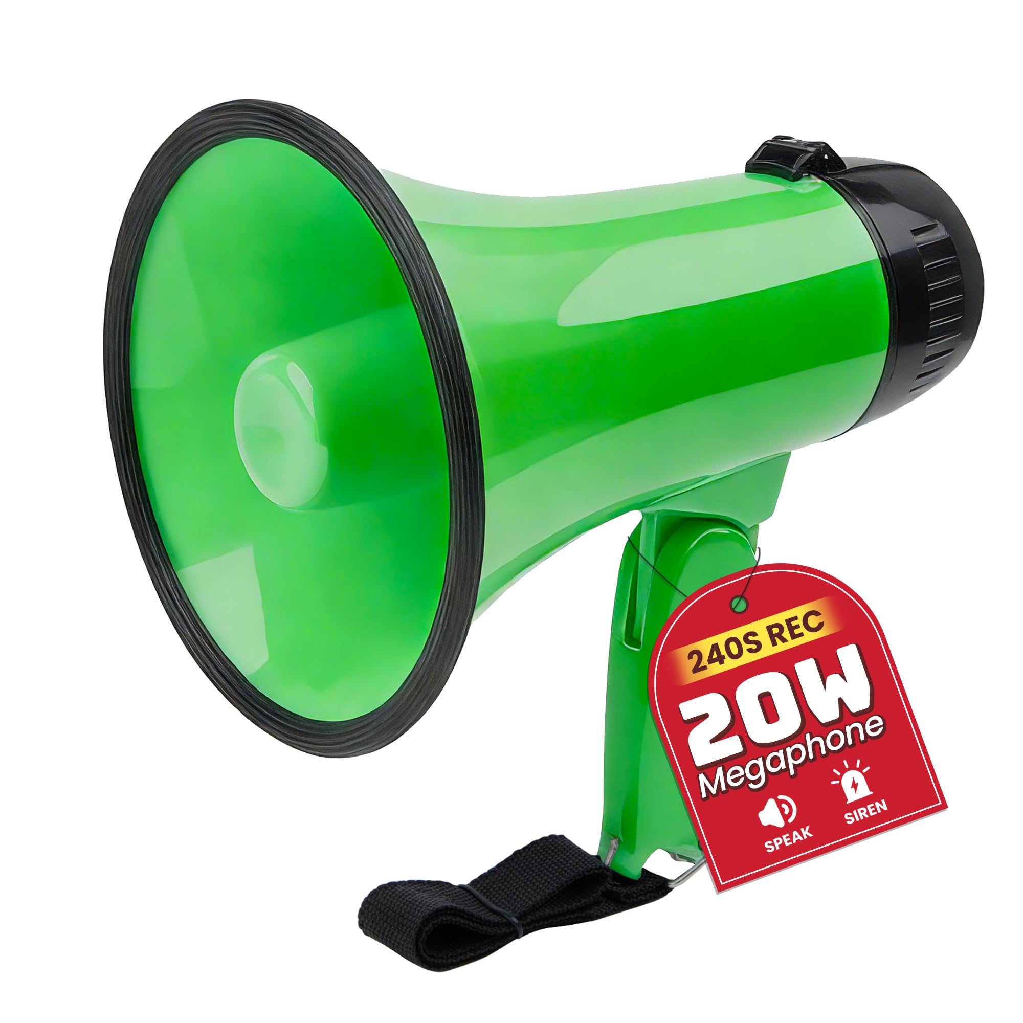 MyMealivos Przenośny megafon Bullhorn, 20 W, megafon, głośnik, syrena, tryby alarmu z regulacją głośności i paskiem (zielony)