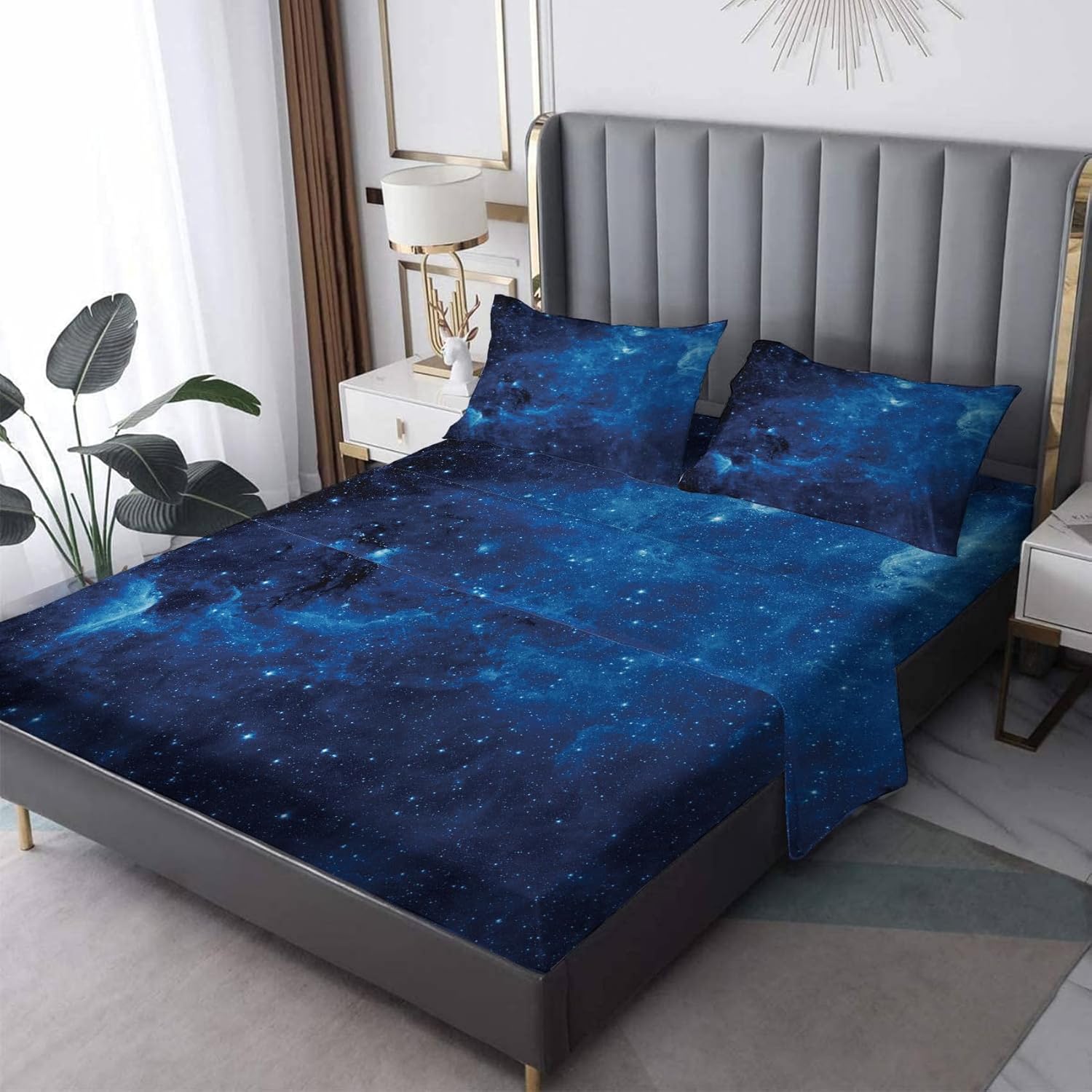 Blue Galaxy Sheets Full Size Sheet Set, Universe Nebula Printed Bed Sheets 4 Piece, Starry Sky Pattern Bedding Sheets & Pillowcases, 16 Inch Deep Pocket, Super Soft Microfiber