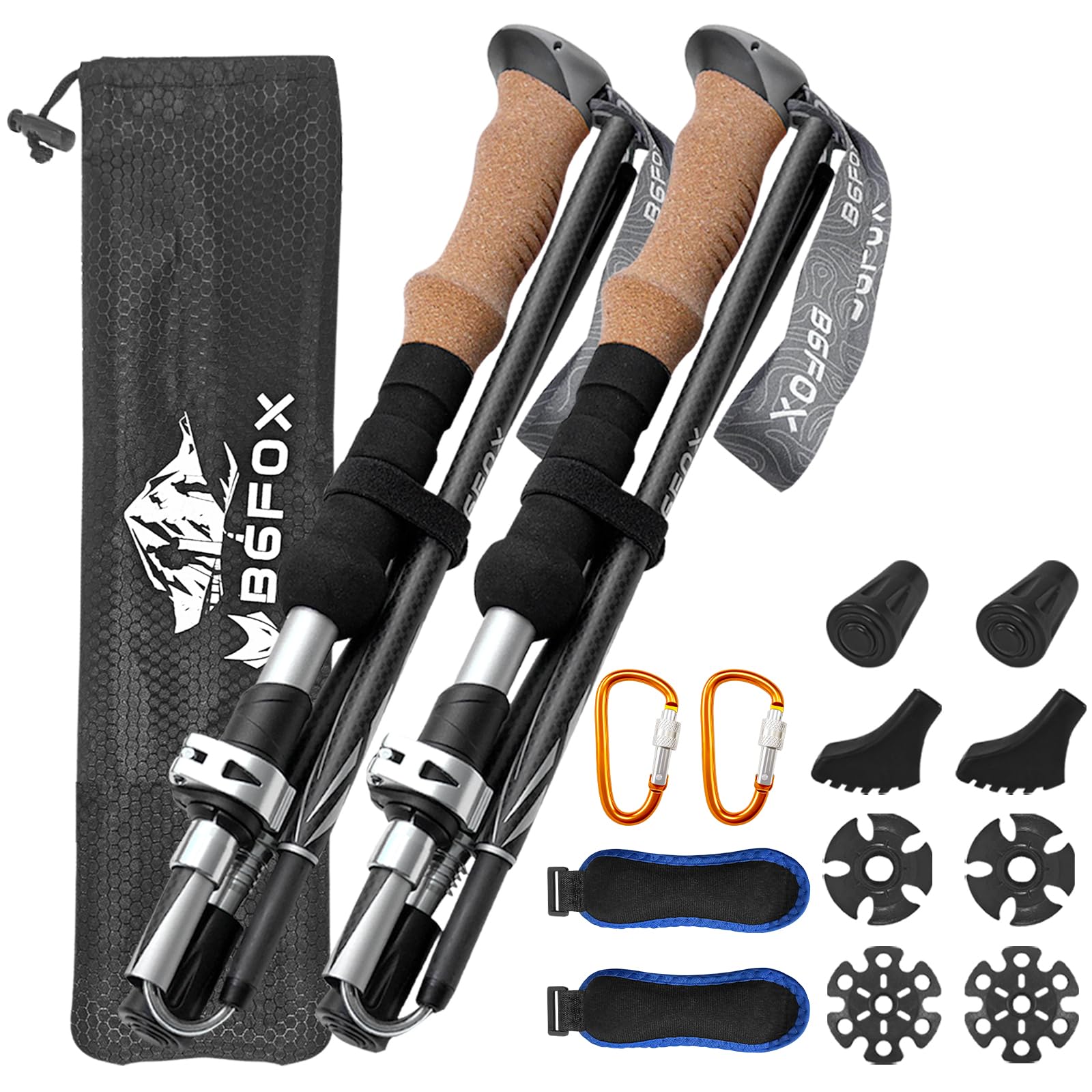 BGFOX 3K Carbon Fiber Trekking Poles – Lightweight and foldable with a cork handle, quick-flip lock, and all-terrain accessories – Unisex, height adjustable – Silver